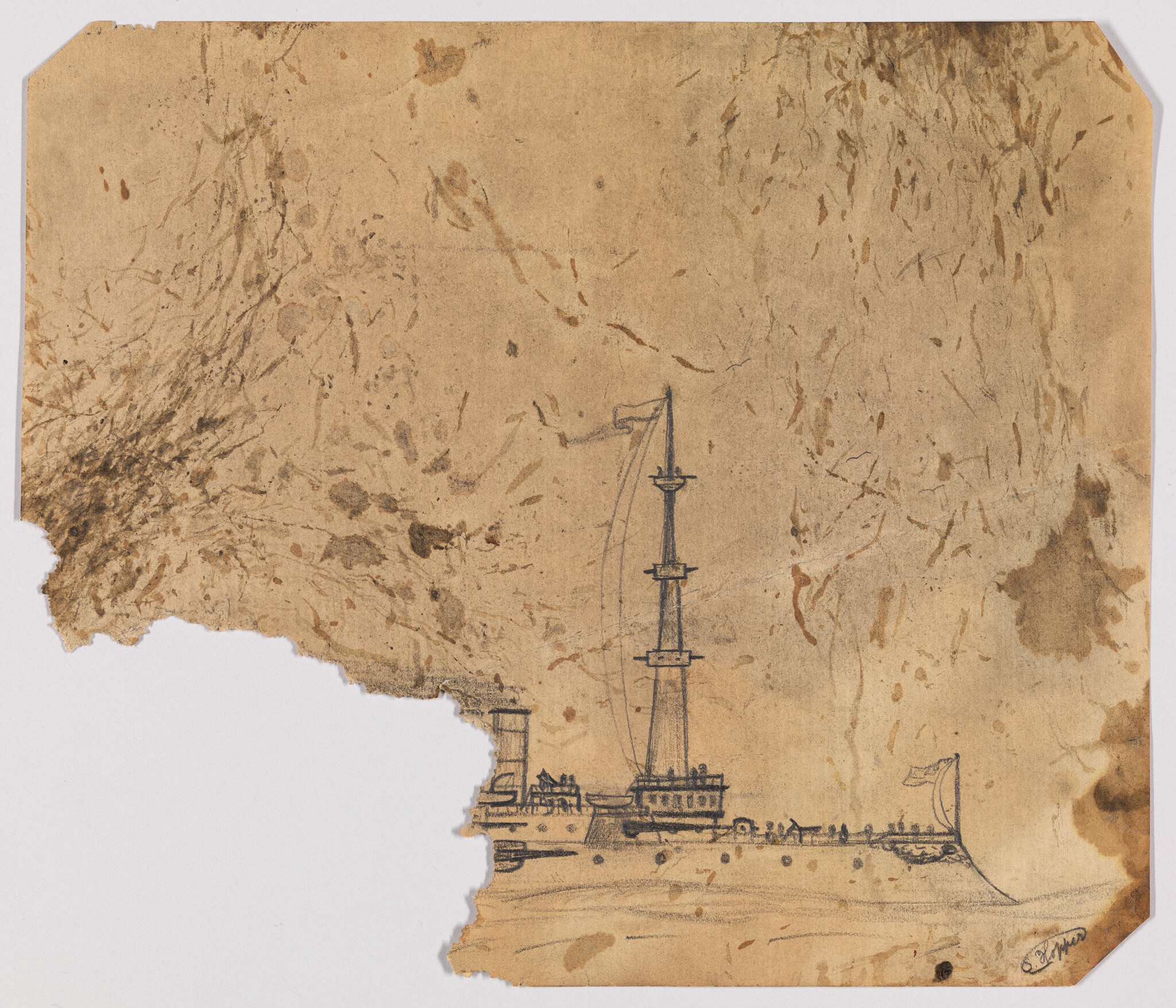 A pencil sketch of an old sailing ship with tall masts on stained, torn paper.