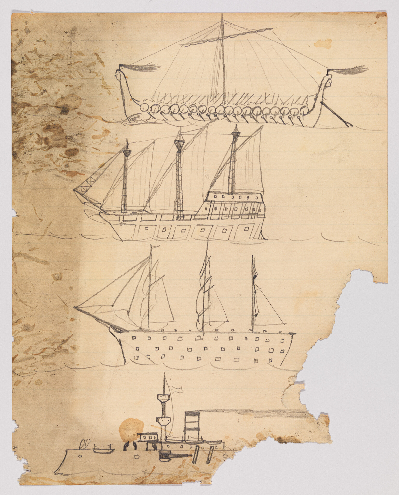 Four pencil sketches of different sailing ships and a steamship on stained, torn paper.
