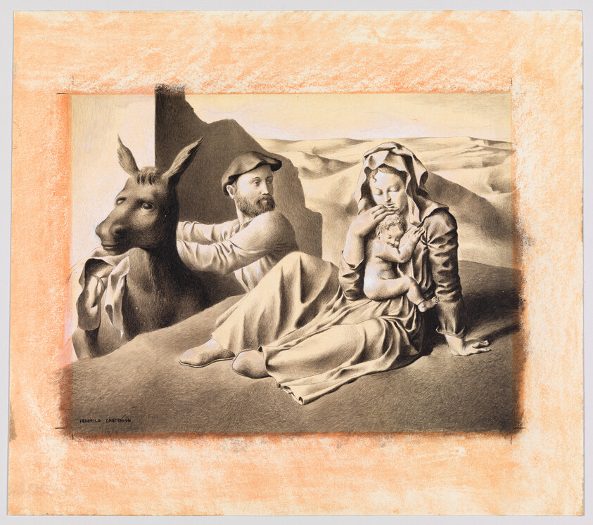A seated man and woman rest in a desert with a donkey while the woman cradles a sleeping baby.