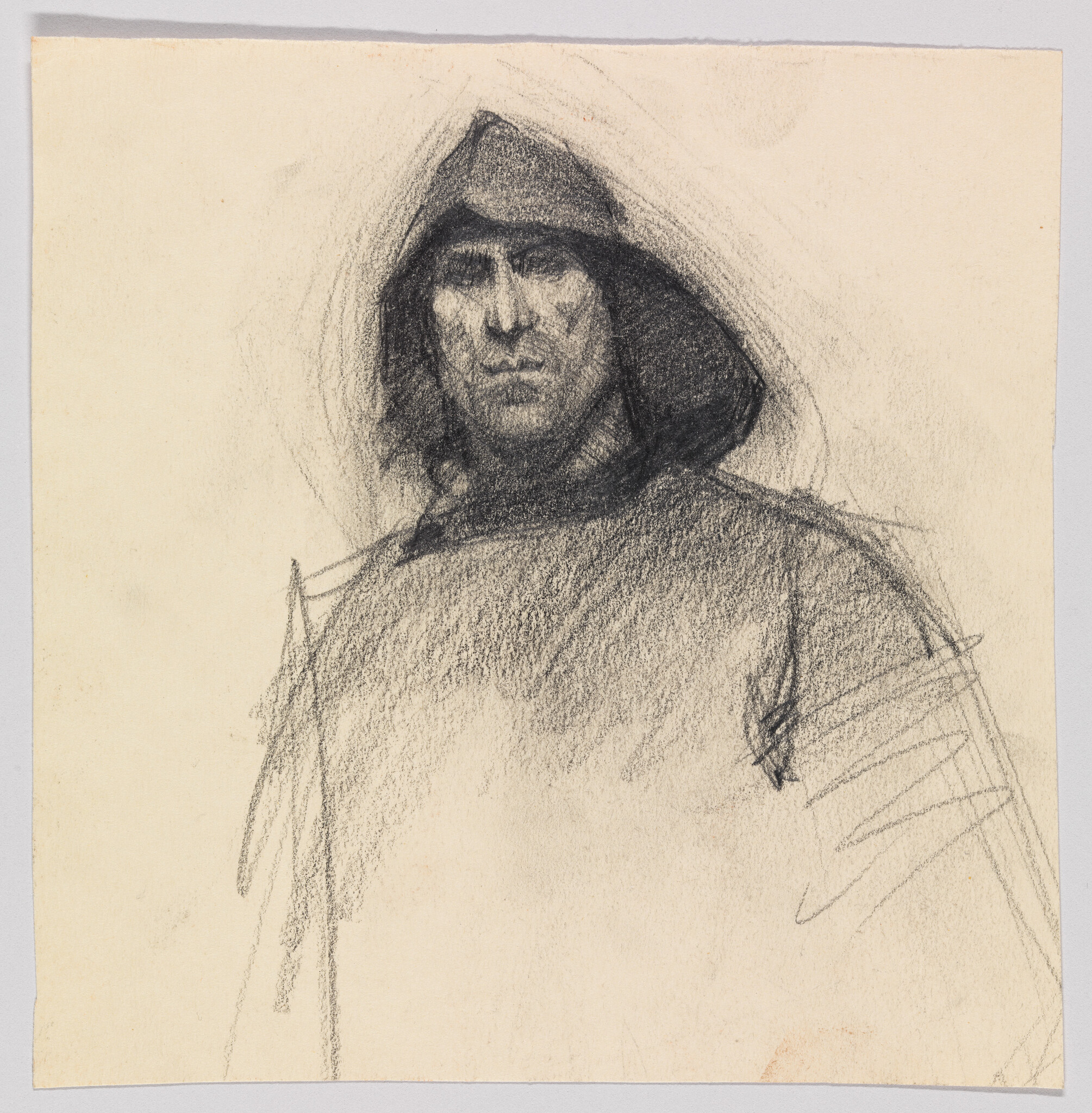 A charcoal sketch of a stern man wearing a hooded cloak, looking forward.