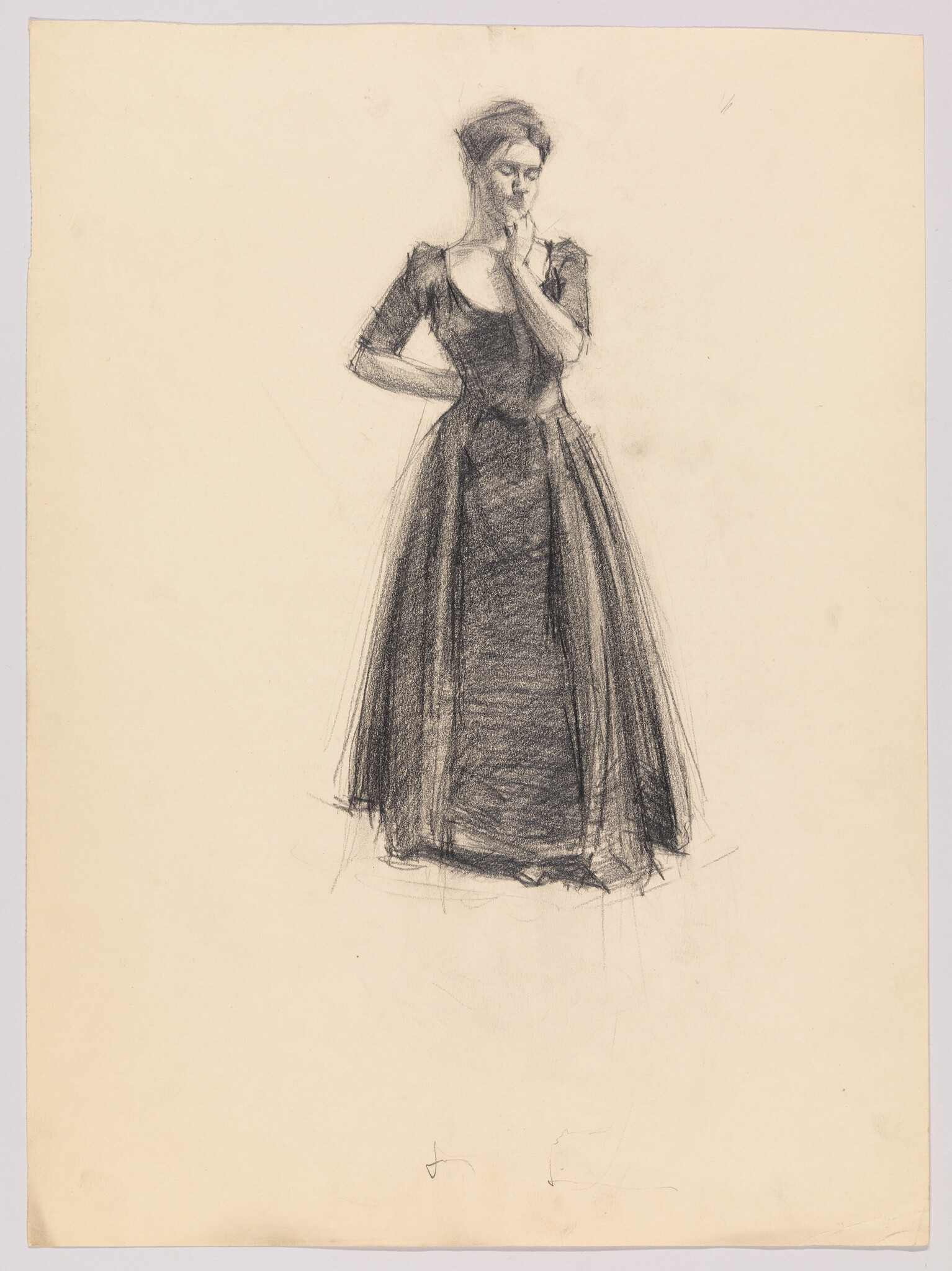 A charcoal sketch of a woman in a long dress standing thoughtfully with hand to her chin.