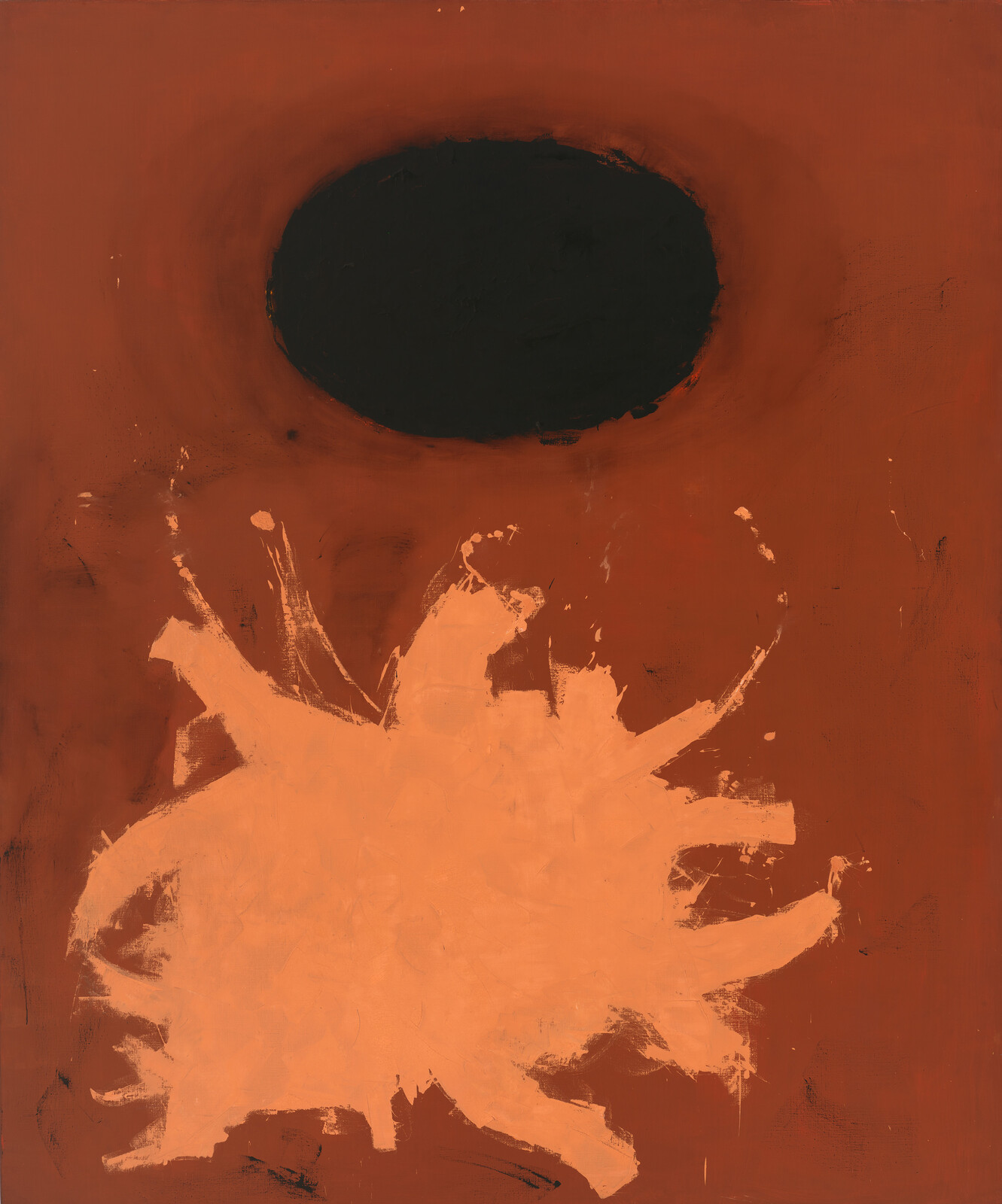 Abstract painting with a large black oval above a splattered beige shape on a brown background.