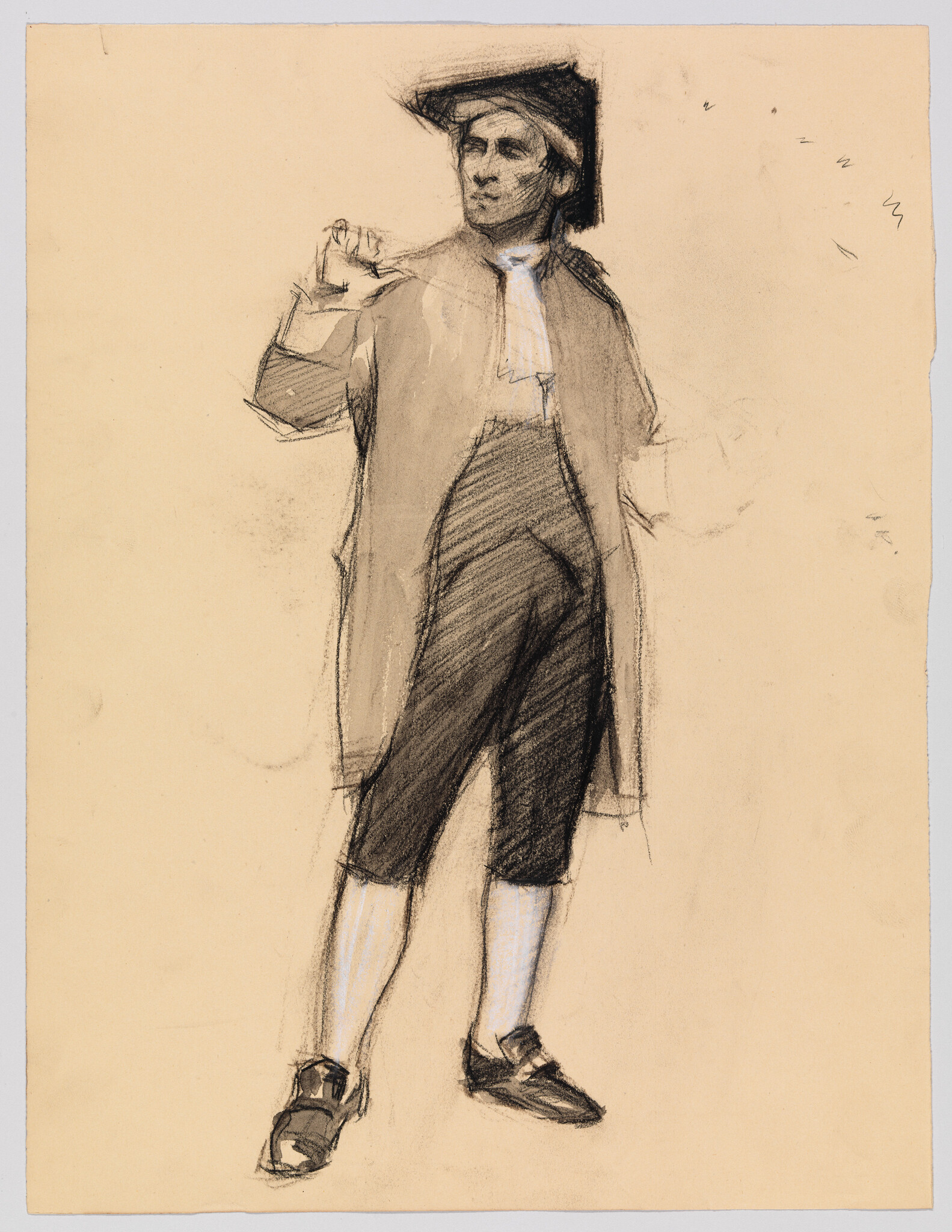 A man in 18th-century clothing stands with a coat slung over his shoulder and tricorn hat.