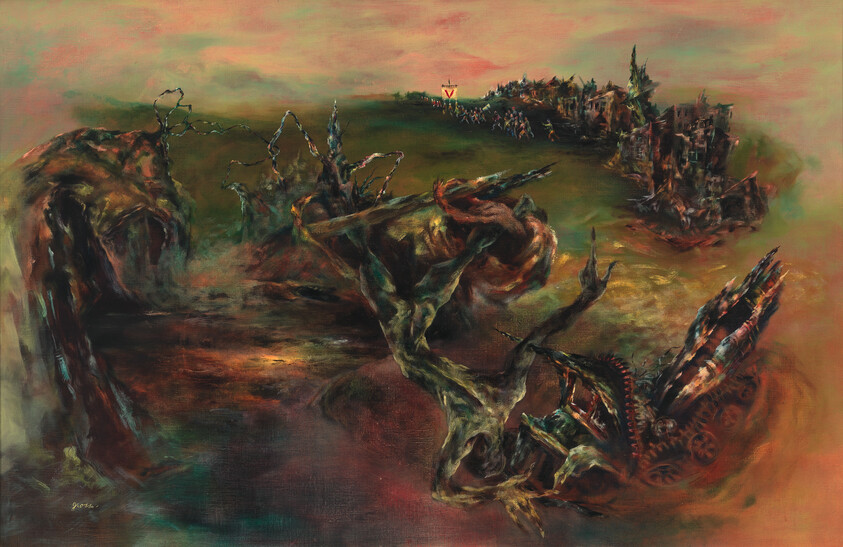 A twisted uprooted tree entangles a fallen mechanical creature in a desolate, smoky landscape.