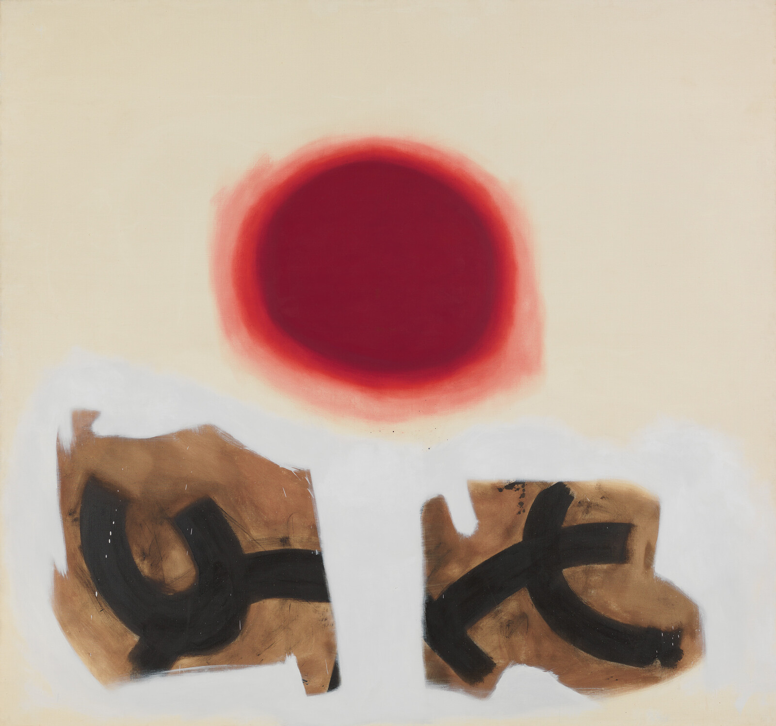 A large red circle above two abstract brown shapes with black curved lines on a light background.