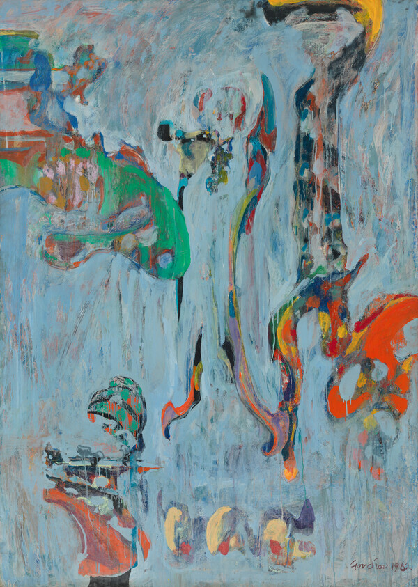 Abstract painting with colorful, flowing shapes and drips over a pale blue background.