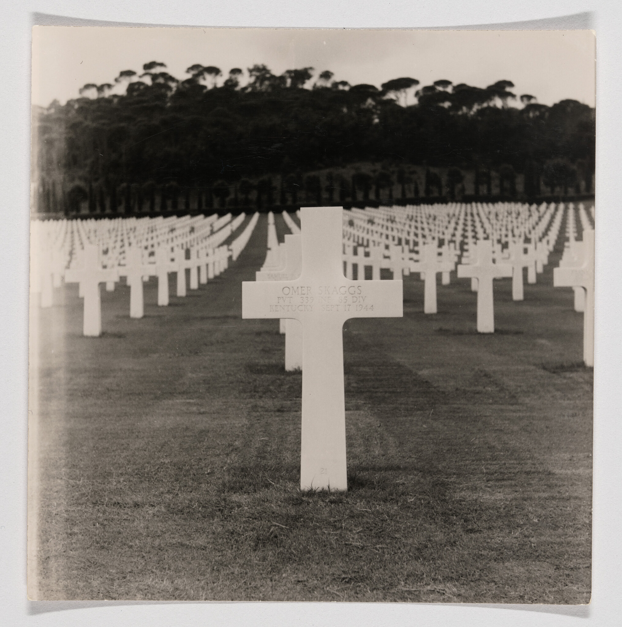 A white cross grave marker stands amid rows of identical crosses at a military cemetery.