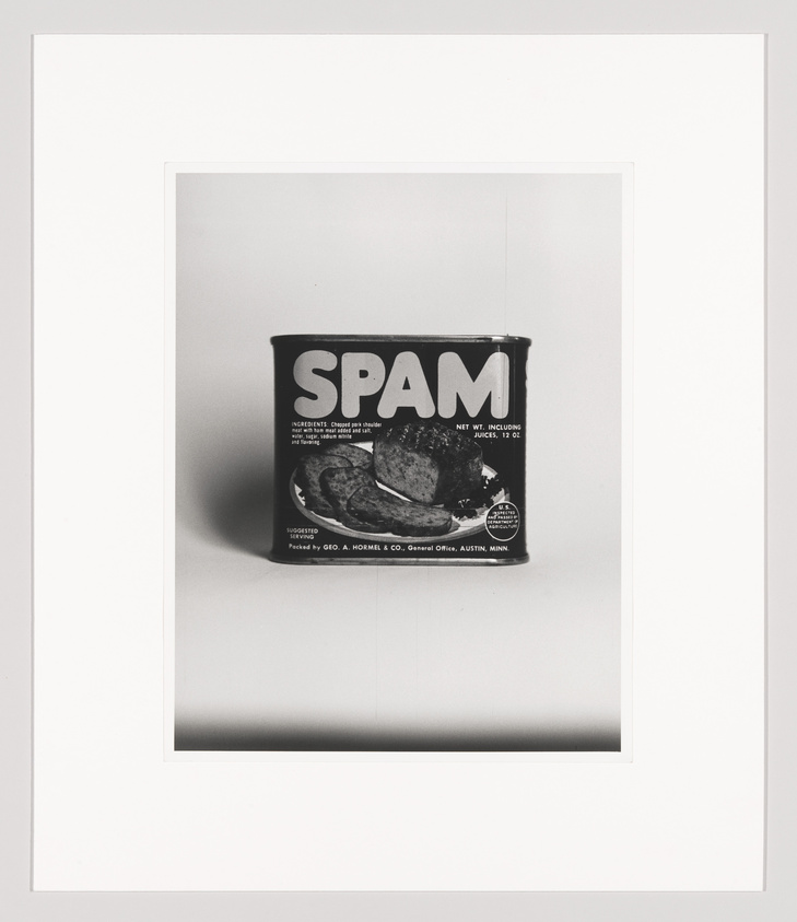 A vintage "SPAM" container with bold thick text and a loaf of the product with slices surrounding it 