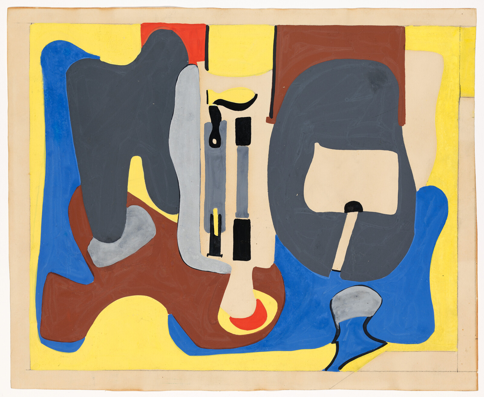 Abstract painting with large shapes in gray, brown, blue, yellow, and black, overlapping in a colorful pattern.