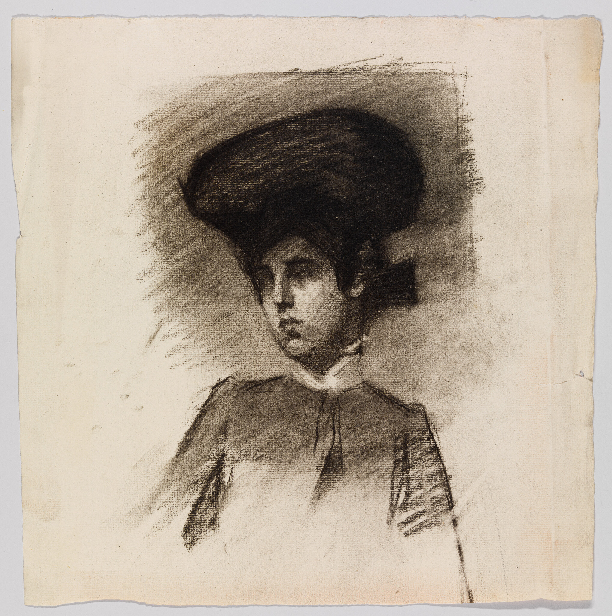 A charcoal portrait of a woman wearing a large wide-brimmed hat and a high-collared dress.