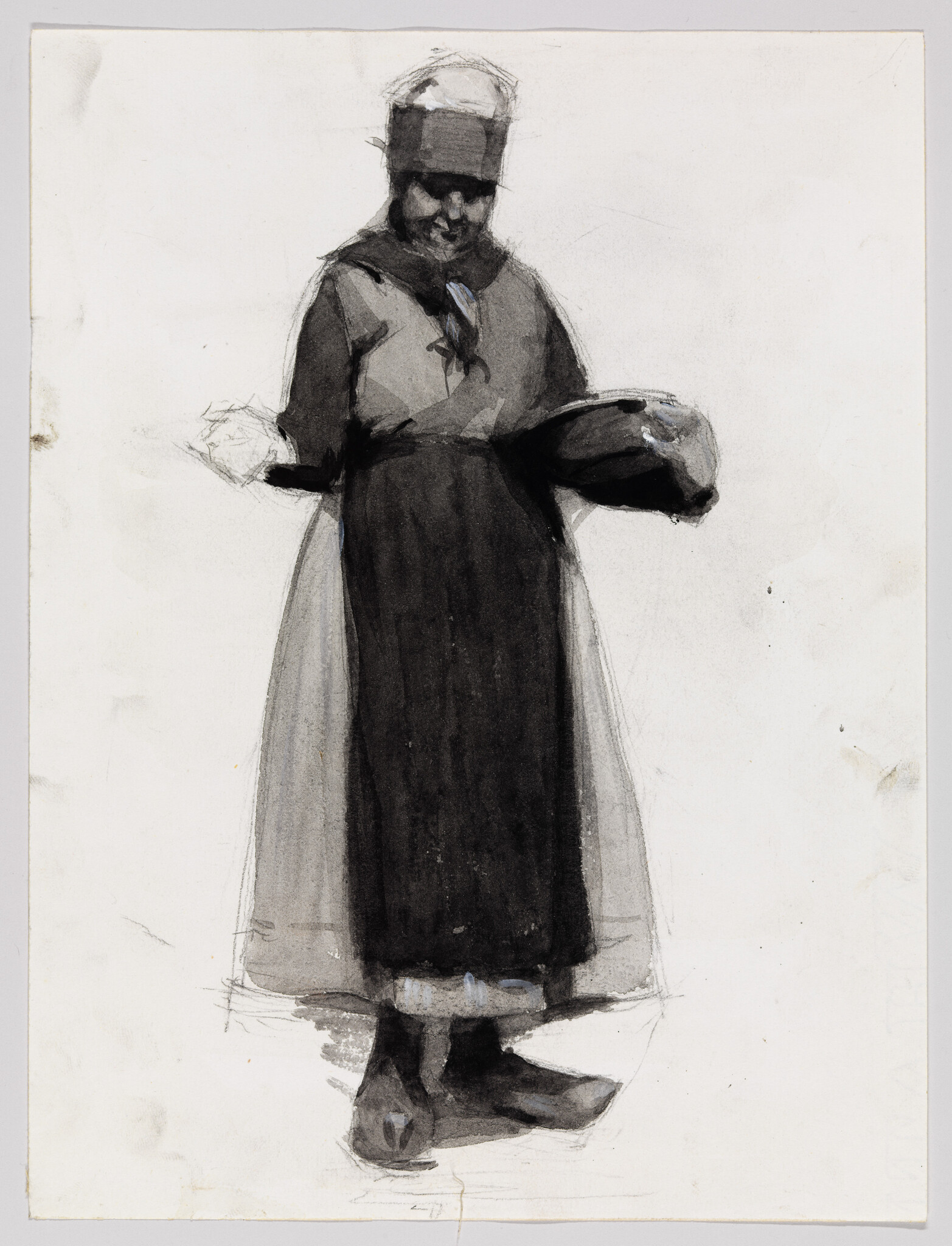 A woman wearing a long dark dress and cap stands holding a bowl and cloth.