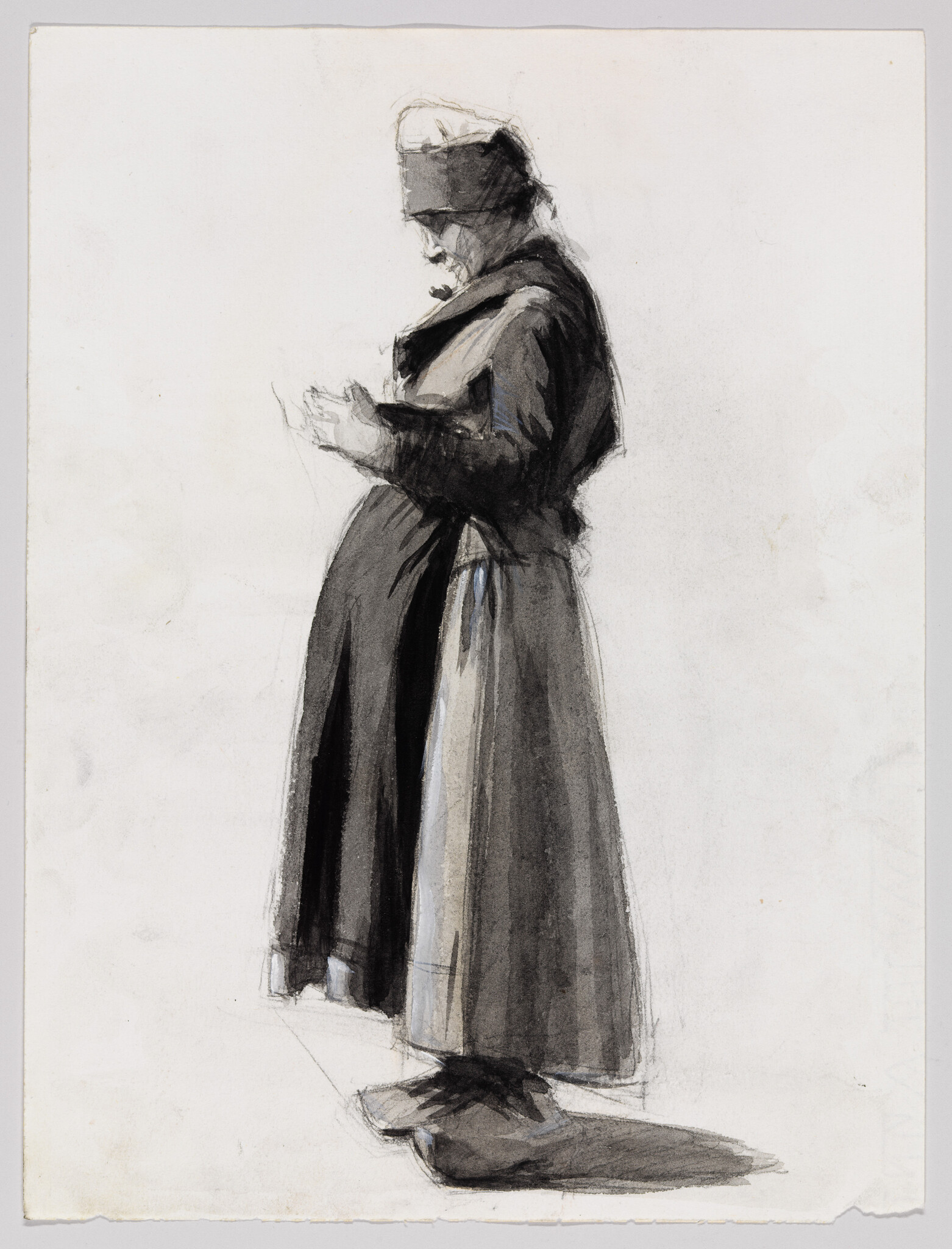 An older woman in a long coat and bonnet stands looking down at her hands.