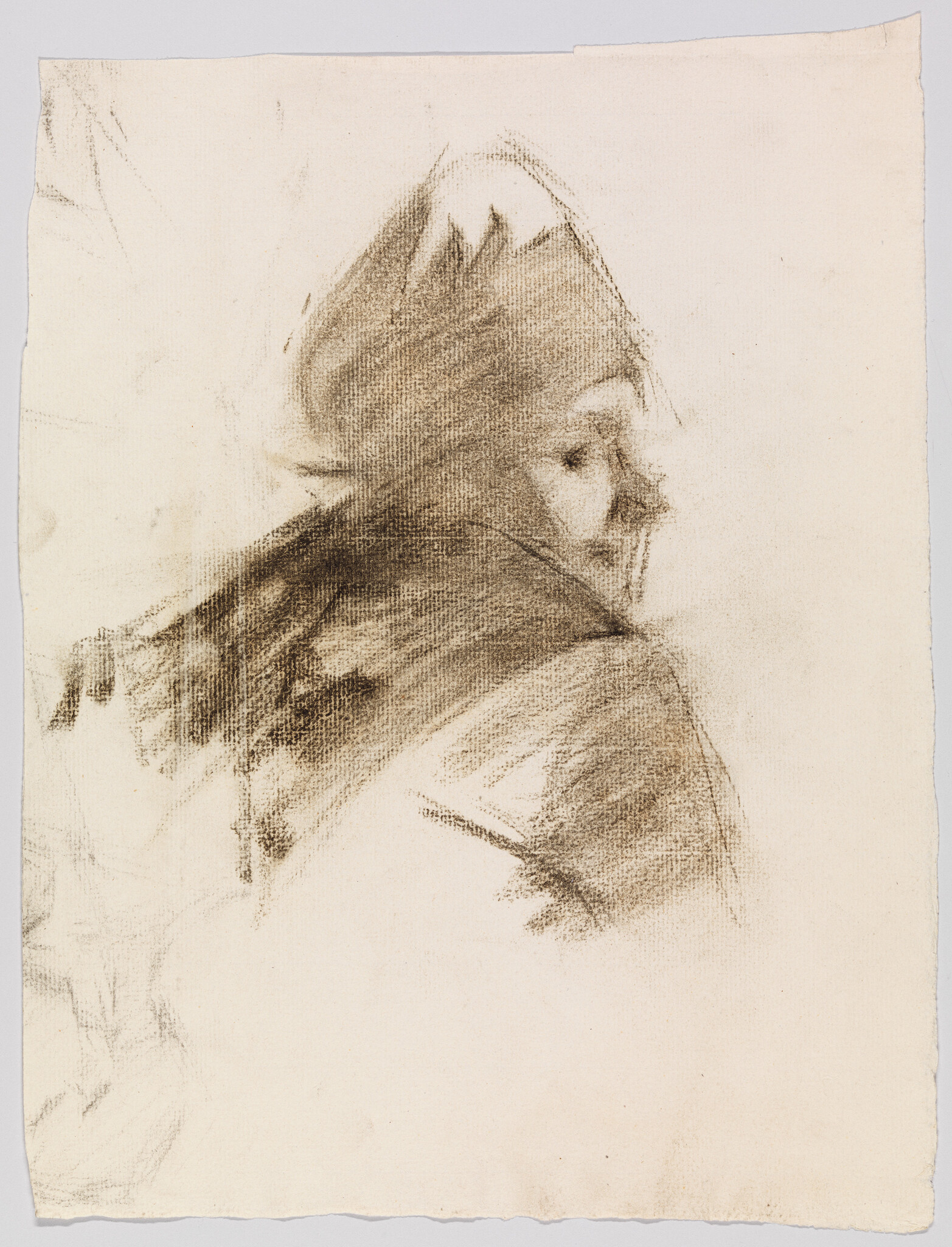 An artist's charcoal sketch of an older person in profile wearing a cap and scarf.