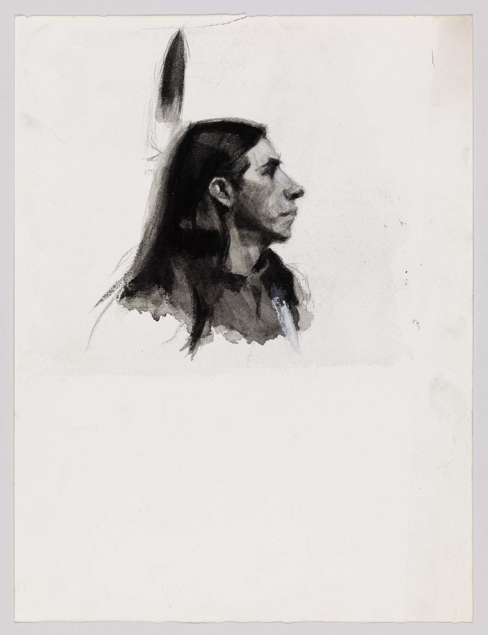 A profile portrait of a person with long hair and a feather behind their head.