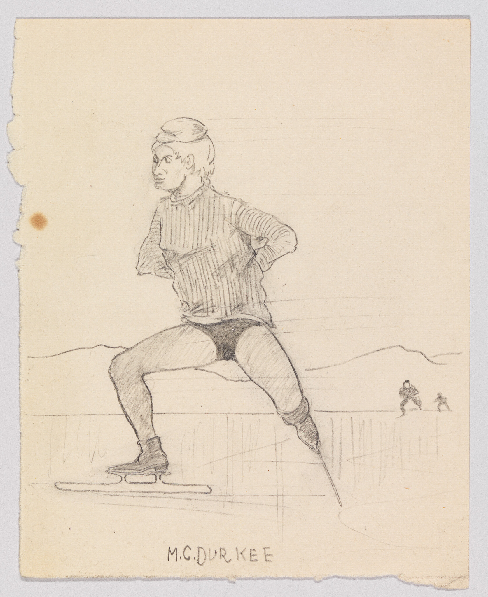 A skater in a sweater balances with hands behind their back while gliding on ice.