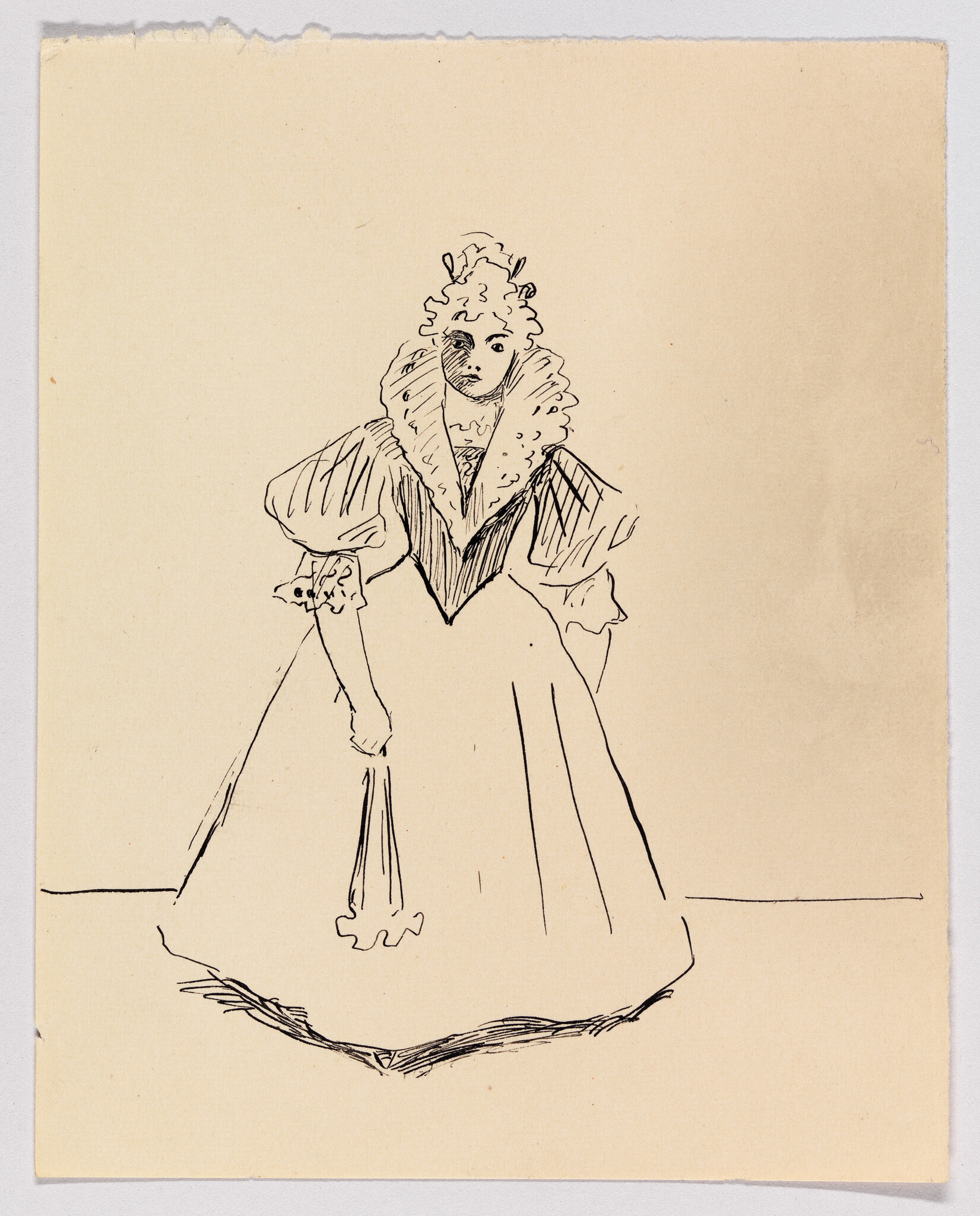 A woman in a voluminous period dress with a large ruffled collar holds a small fan.