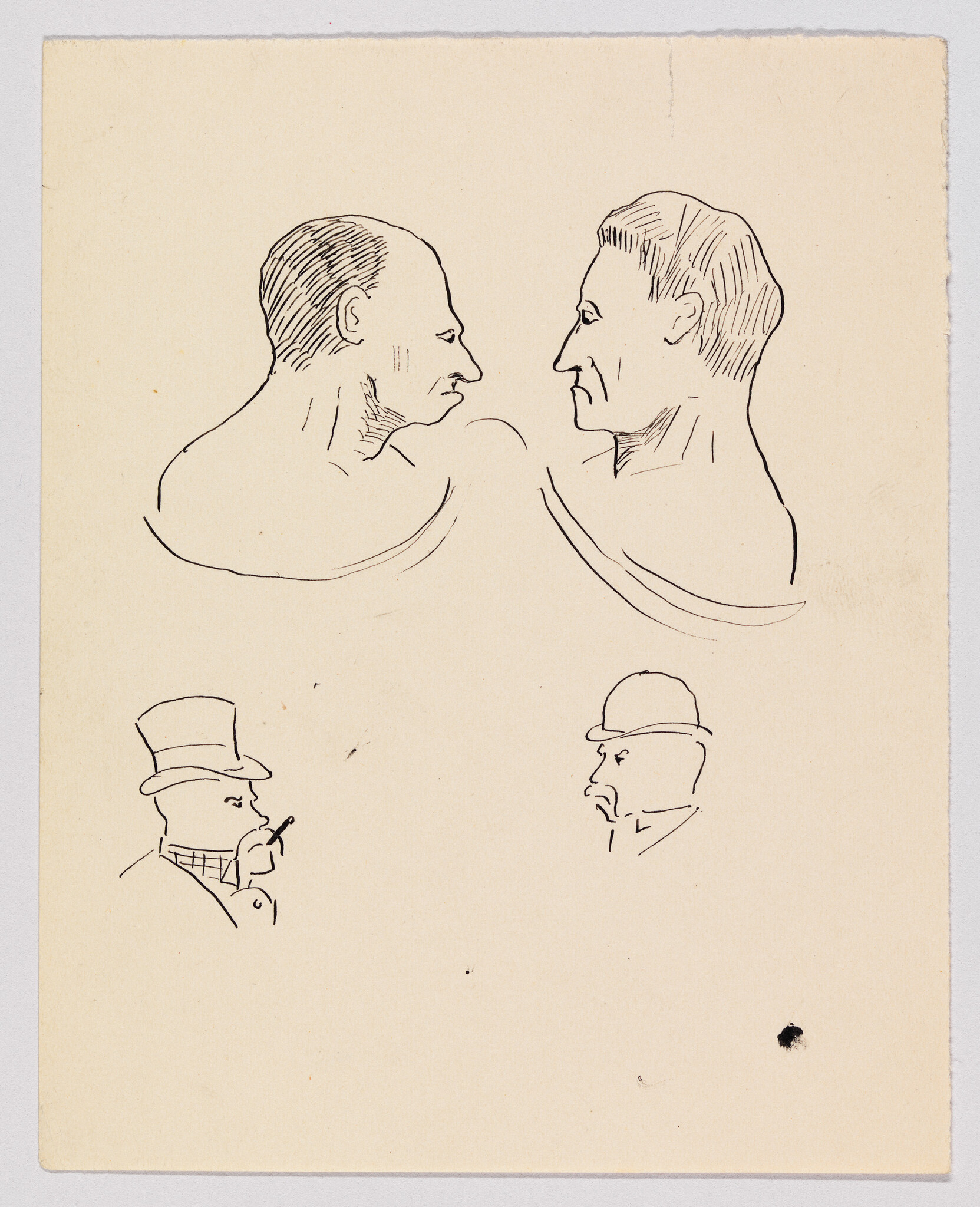 Sketches of four male faces on an aged paper background. The top two are larger, detailed profile views facing each other, while the bottom two are smaller, less detailed caricatures, one wearing a top hat and smoking a pipe, and the other wearing a cap.