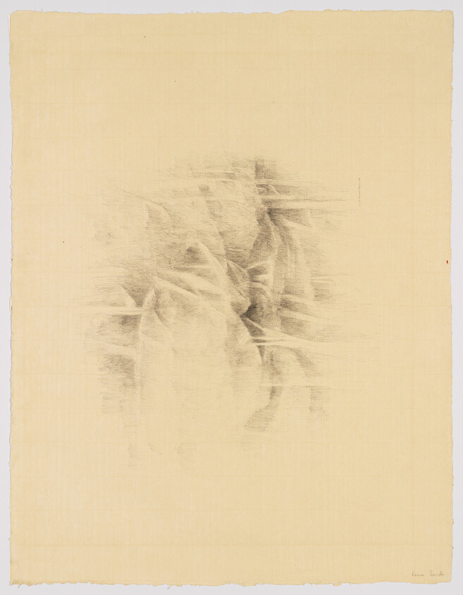 Soft charcoal smudges form faint folded cloth shapes on a pale sheet of paper.