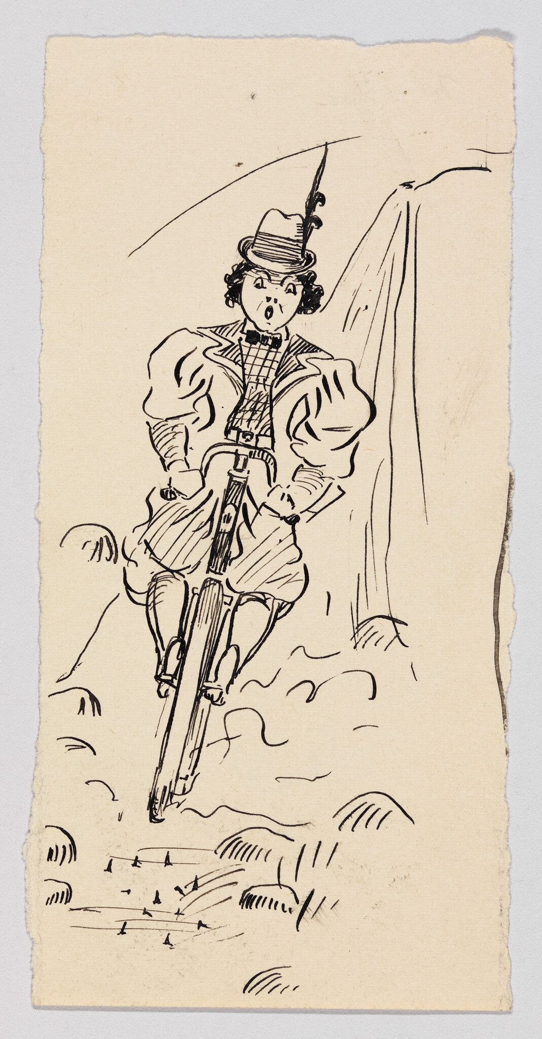 A person in old-fashioned clothes rides a bicycle down a hill with a surprised expression.