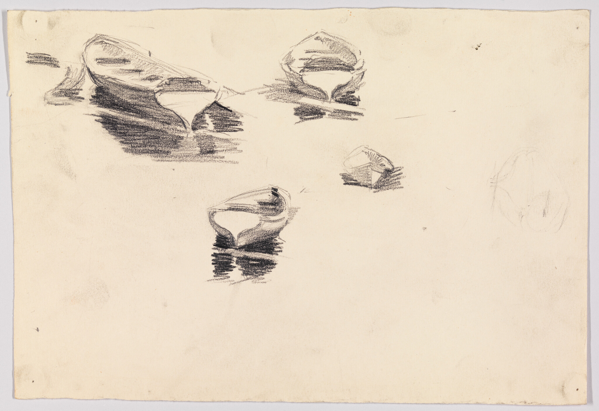 Several quick charcoal sketches of small boats floating on calm water with reflections.