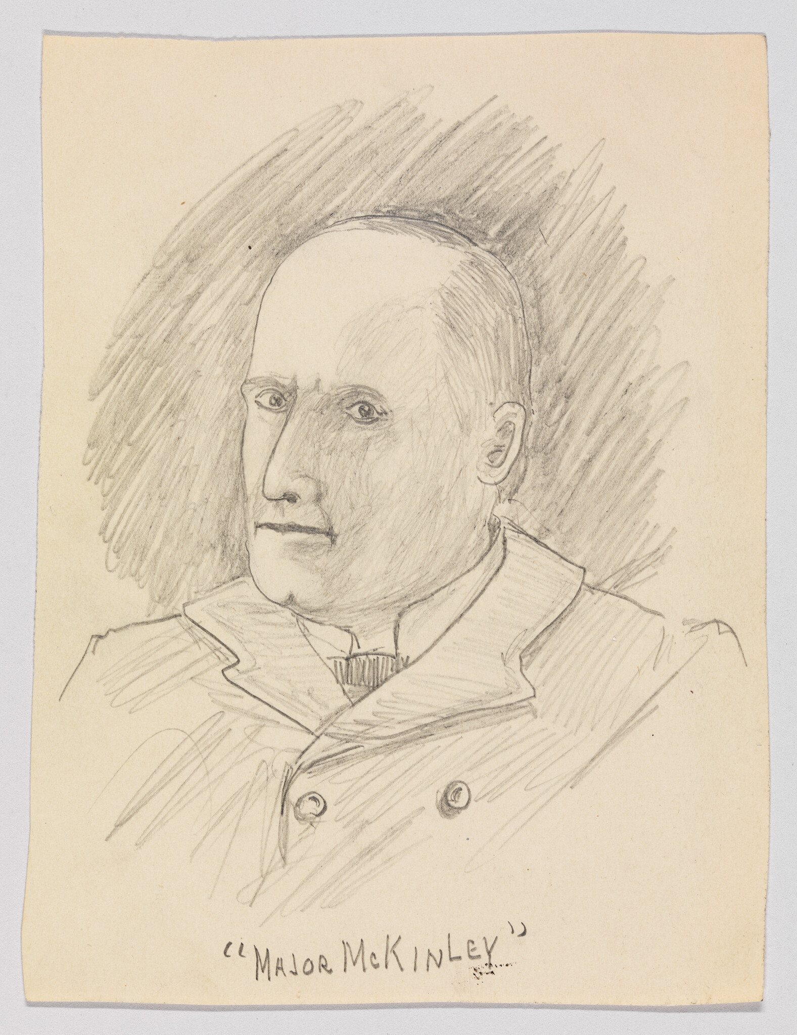 Pencil portrait of a stern man labeled "Major McKinley" wearing a high-collared coat.