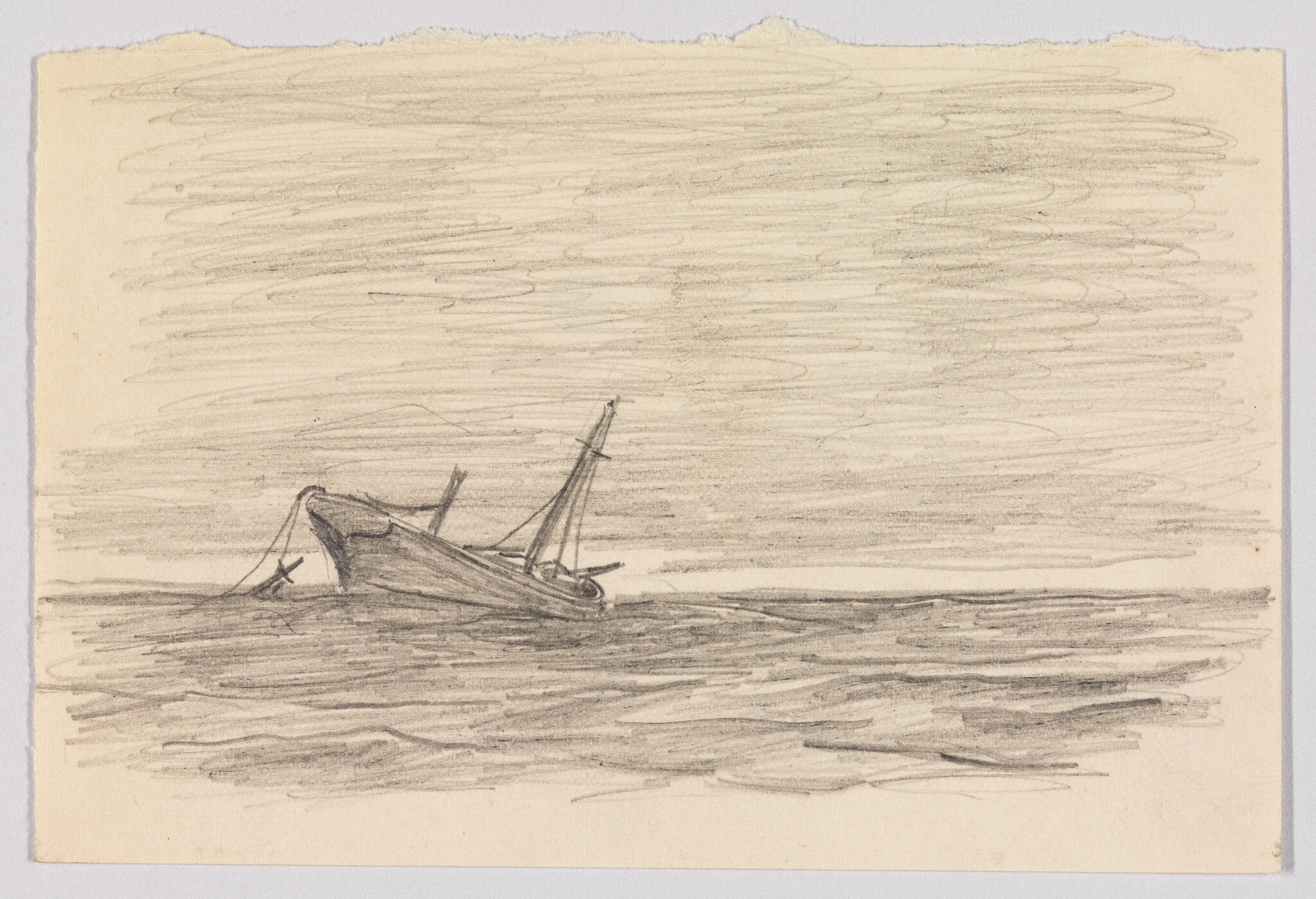 A small, damaged sailboat leans in calm water under a wide, cloudy sky.