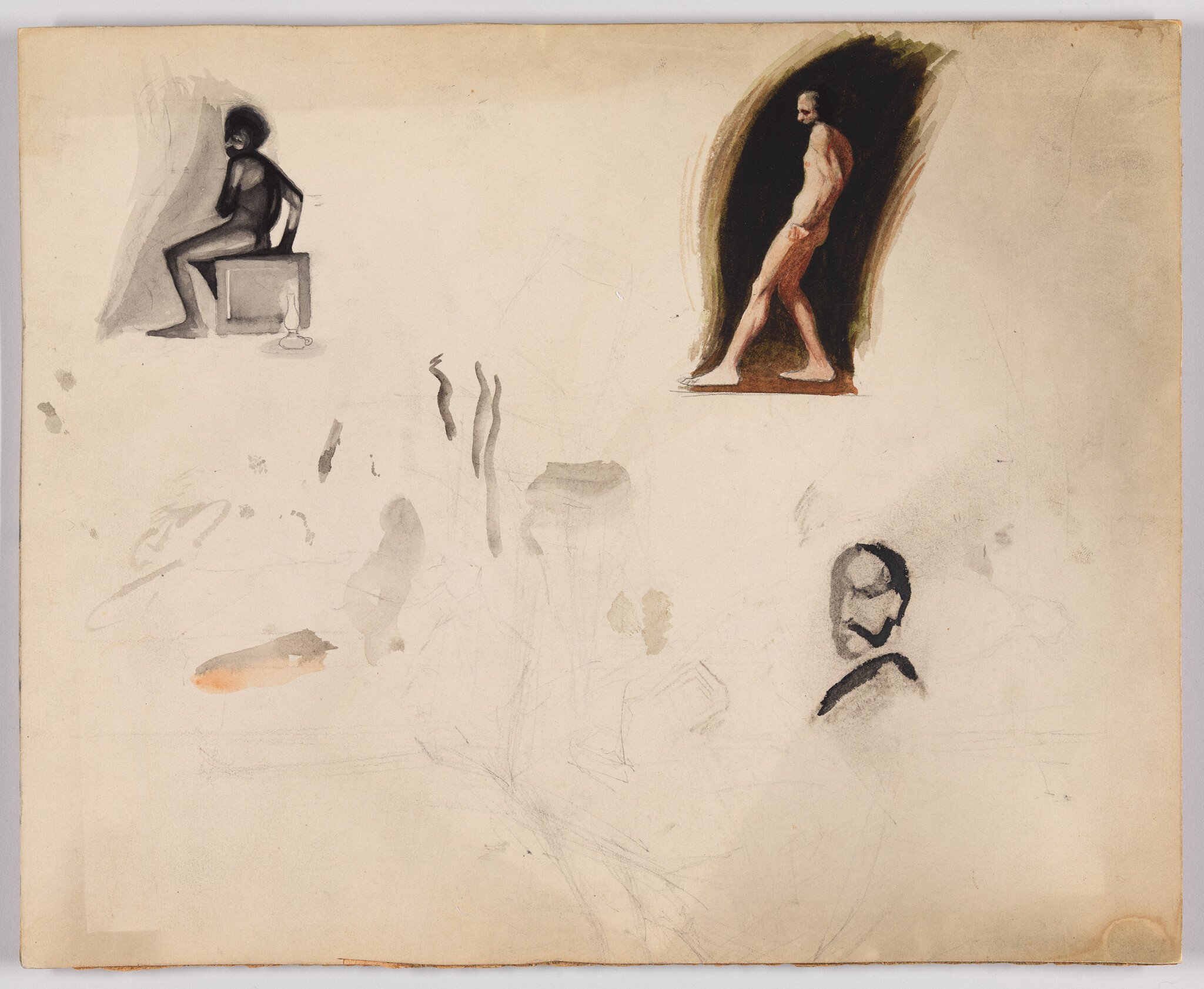 A vintage, aged paper with various sketches and watercolor elements. On the left, there's a dark silhouette of a seated figure with a bright spot at the head, possibly indicating a light source. To the right, a more detailed sketch of a standing nude male figure in a darkened alcove. The rest of the paper contains faint outlines and smudges, with a small, more defined sketch of a bearded man's face near the bottom center.