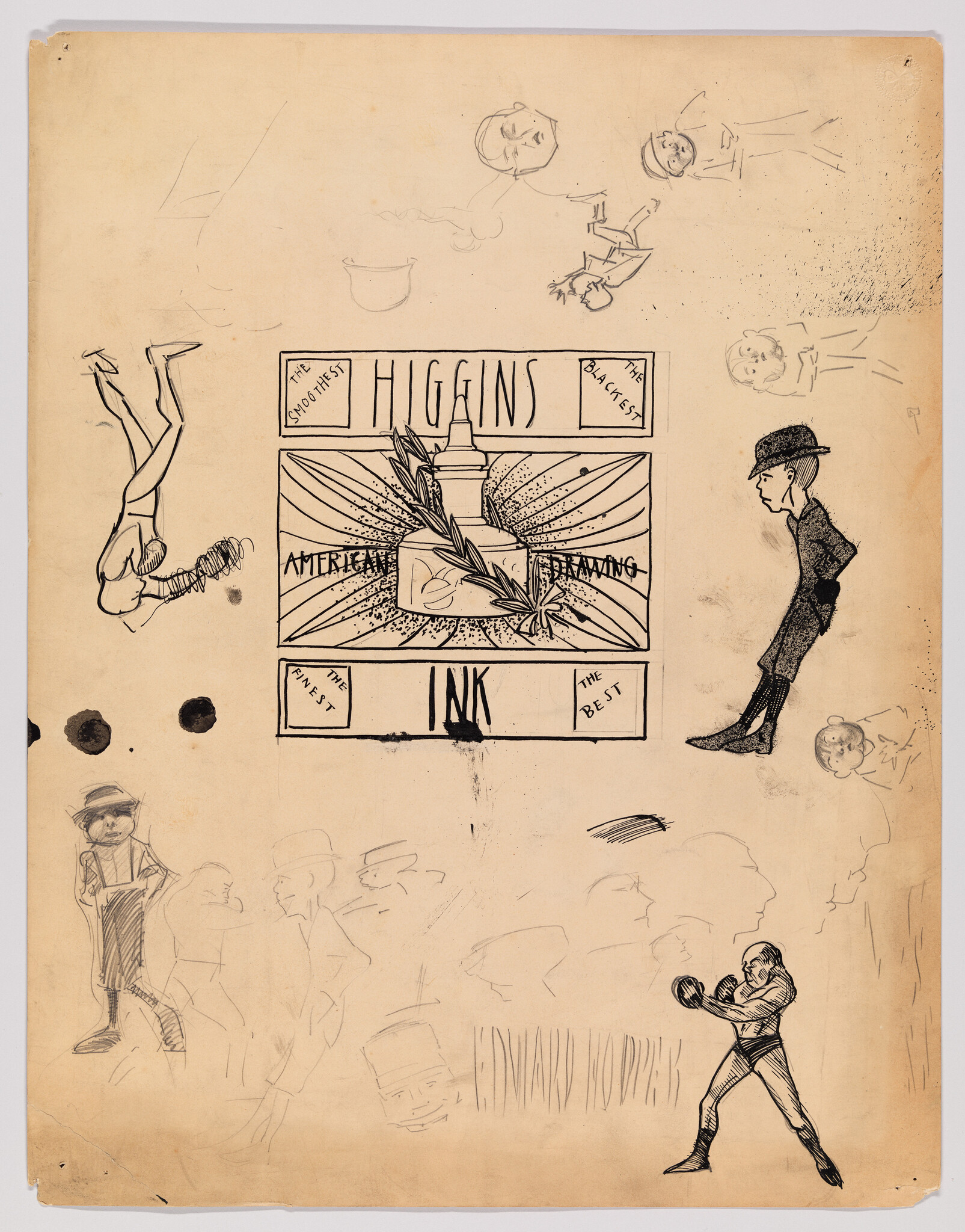 A hand-drawn Higgins Ink label with a bottle and wreath surrounded by sketches of people and a boxer.