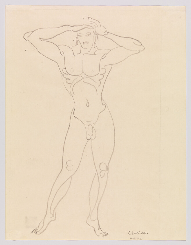 Nude male figure standing with hands on his head in a simple pencil sketch.