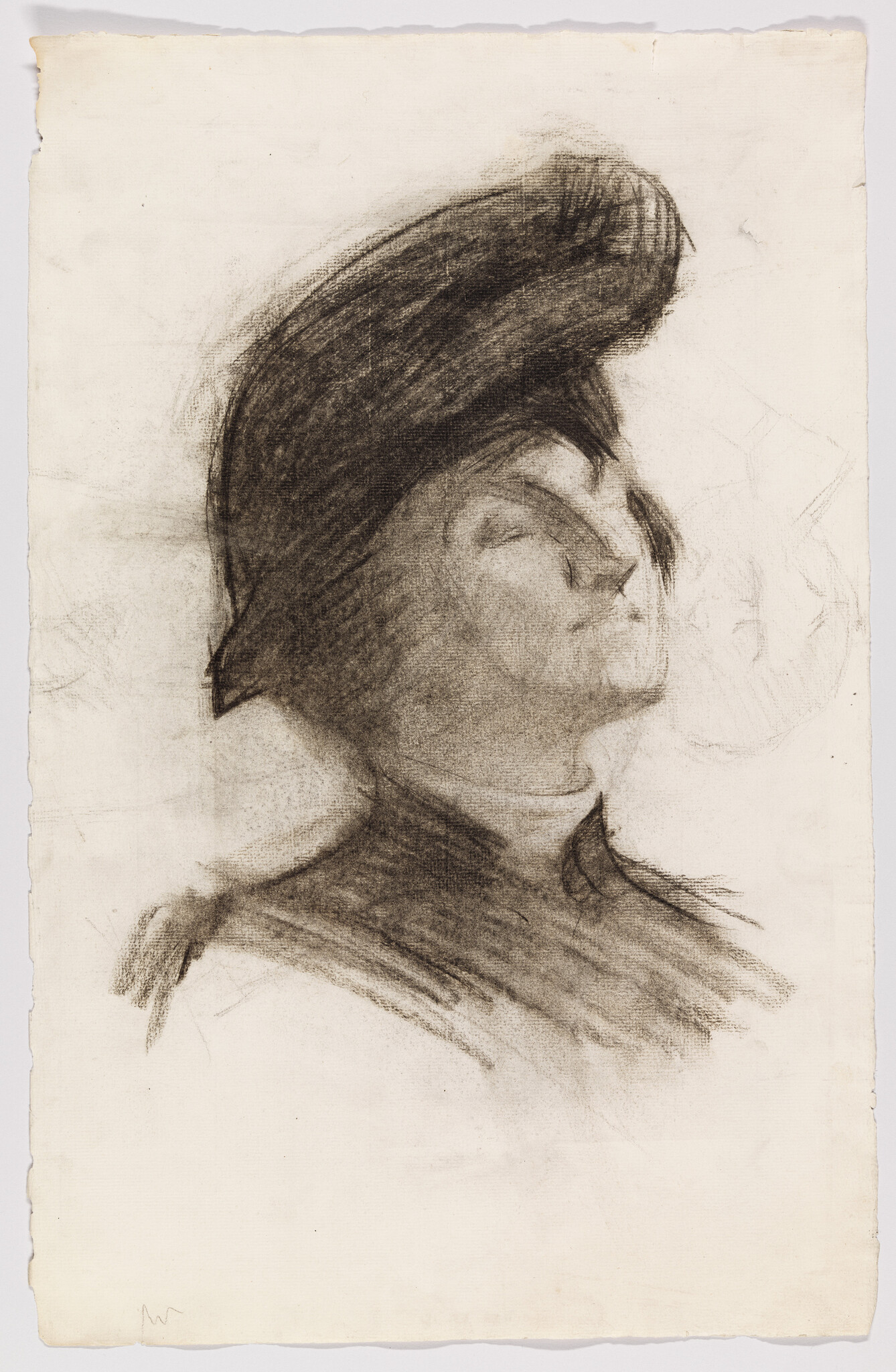 Charcoal sketch of a woman wearing a large hat with head tilted back.