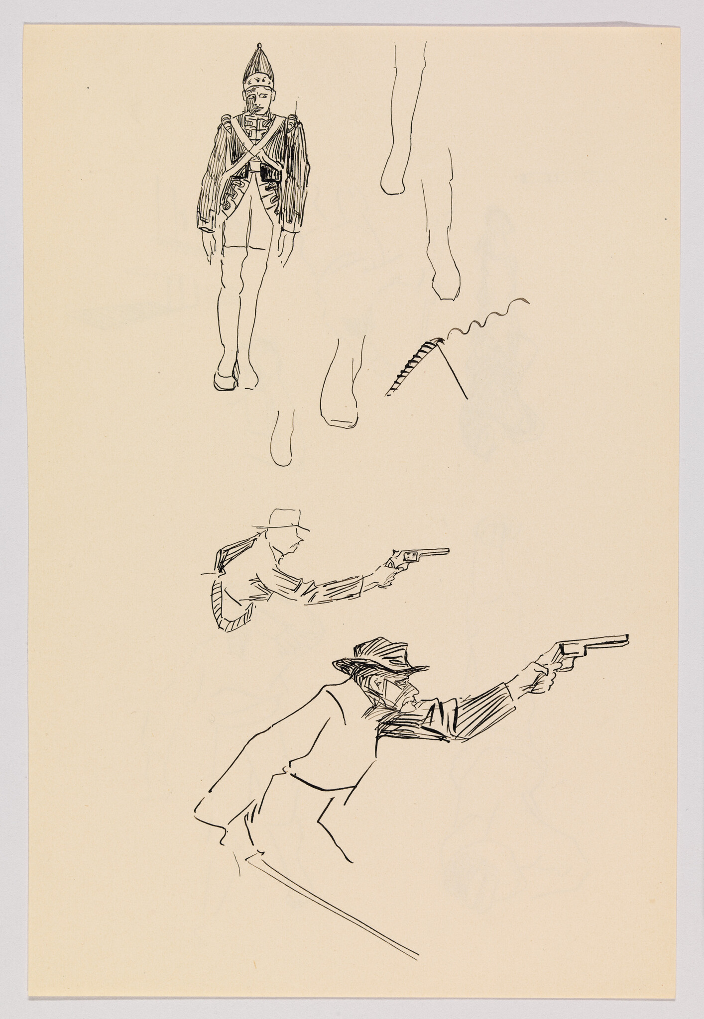 A series of ink sketches showing a uniformed soldier and two men aiming pistols.