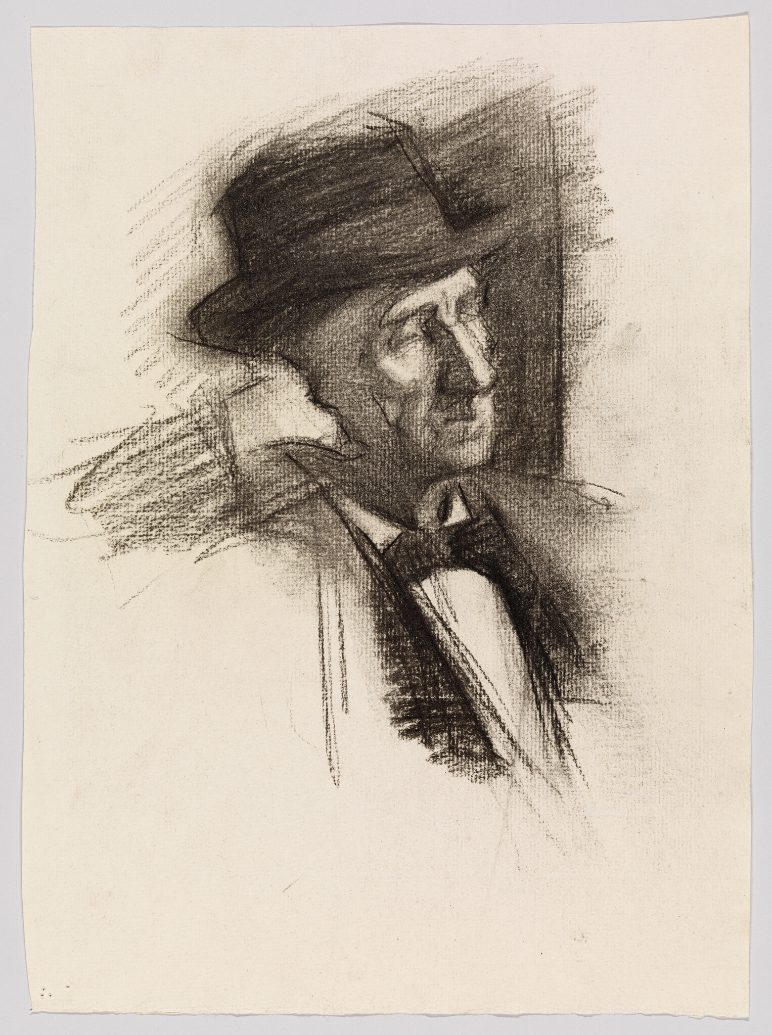 An older man wearing a hat and bow tie looks to the right in a charcoal sketch.