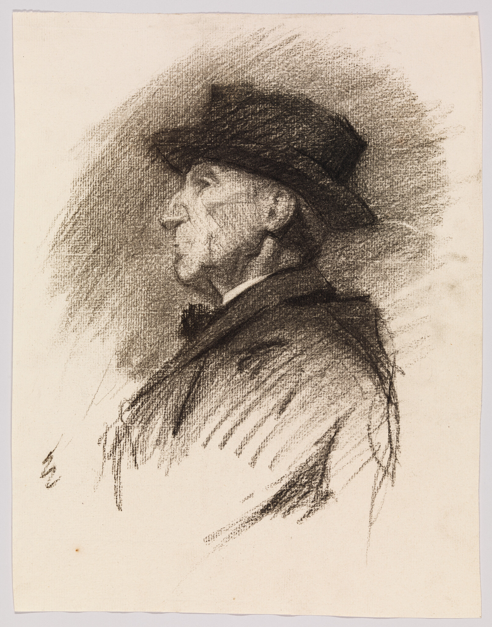 Elderly man in profile wearing a hat and coat, drawn in charcoal with textured shading.