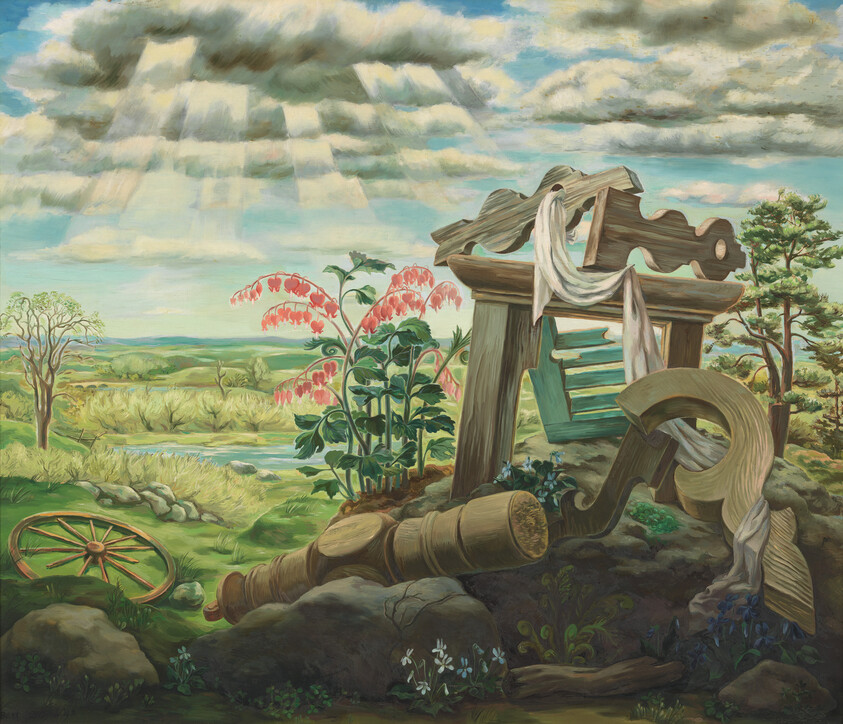 A broken wooden carriage and cannon lie among wildflowers under sunbeams in a green countryside.