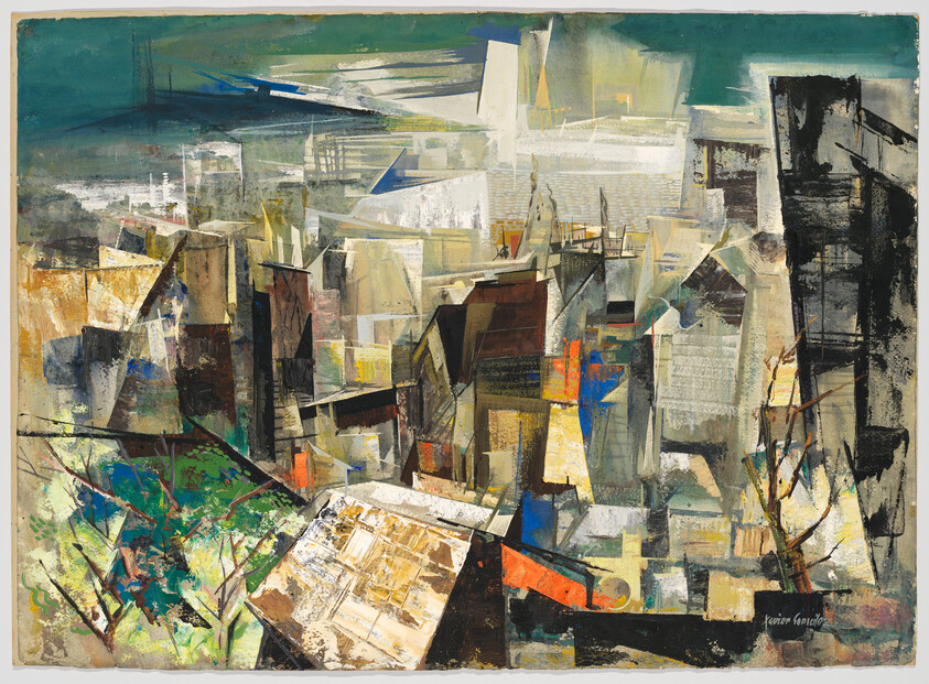 Abstract cityscape with layered geometric buildings, rooftops, and sparse trees under a greenish sky.