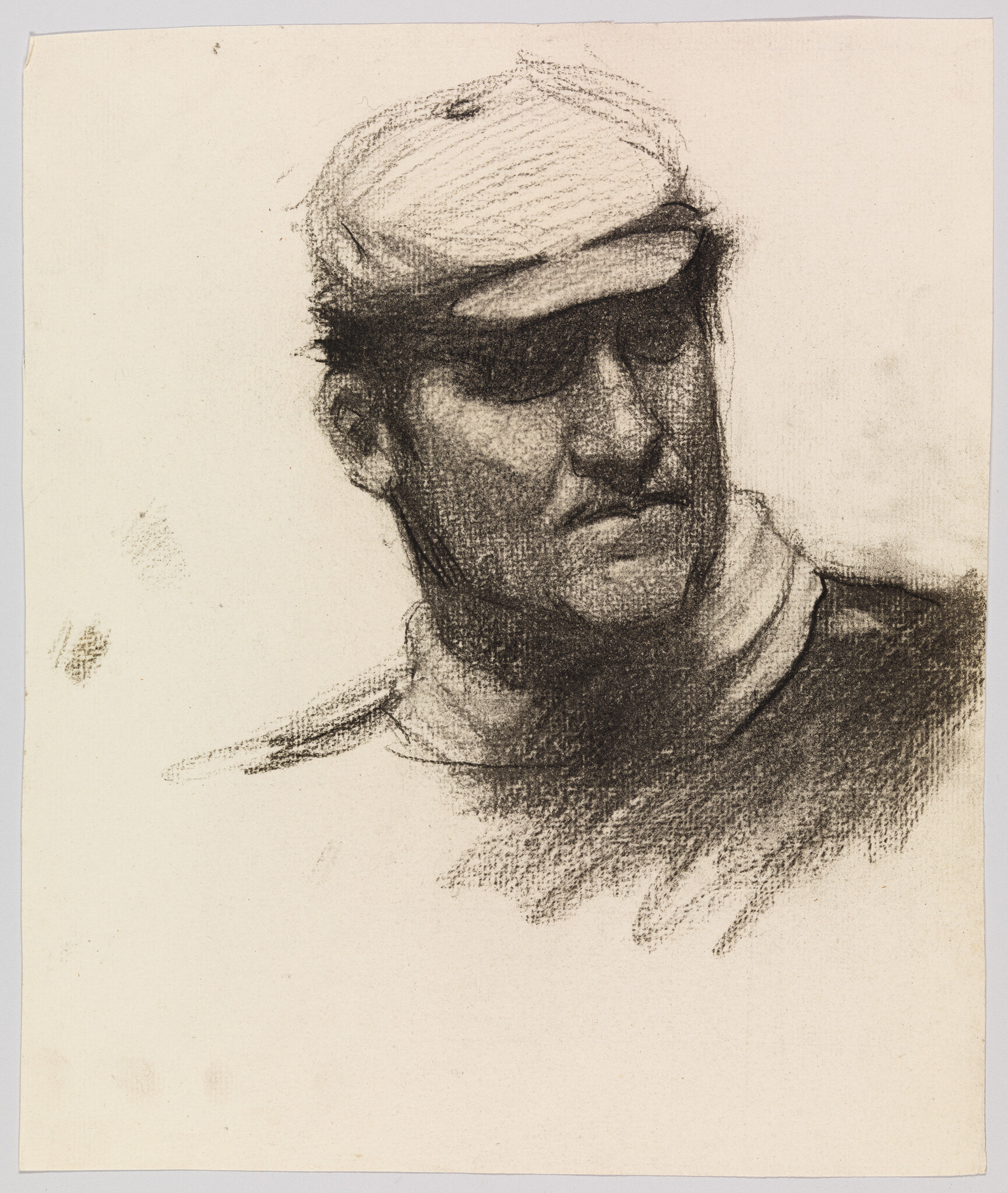 A charcoal sketch of a man wearing a cap and looking downward with a serious expression.