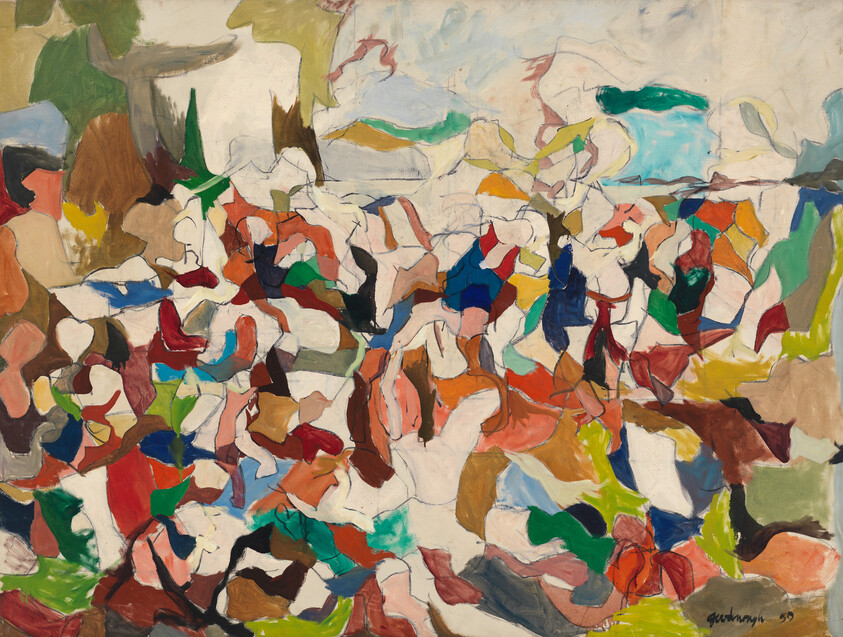 Abstract painting of many colorful, overlapping human-like figures in a lively, crowded composition.