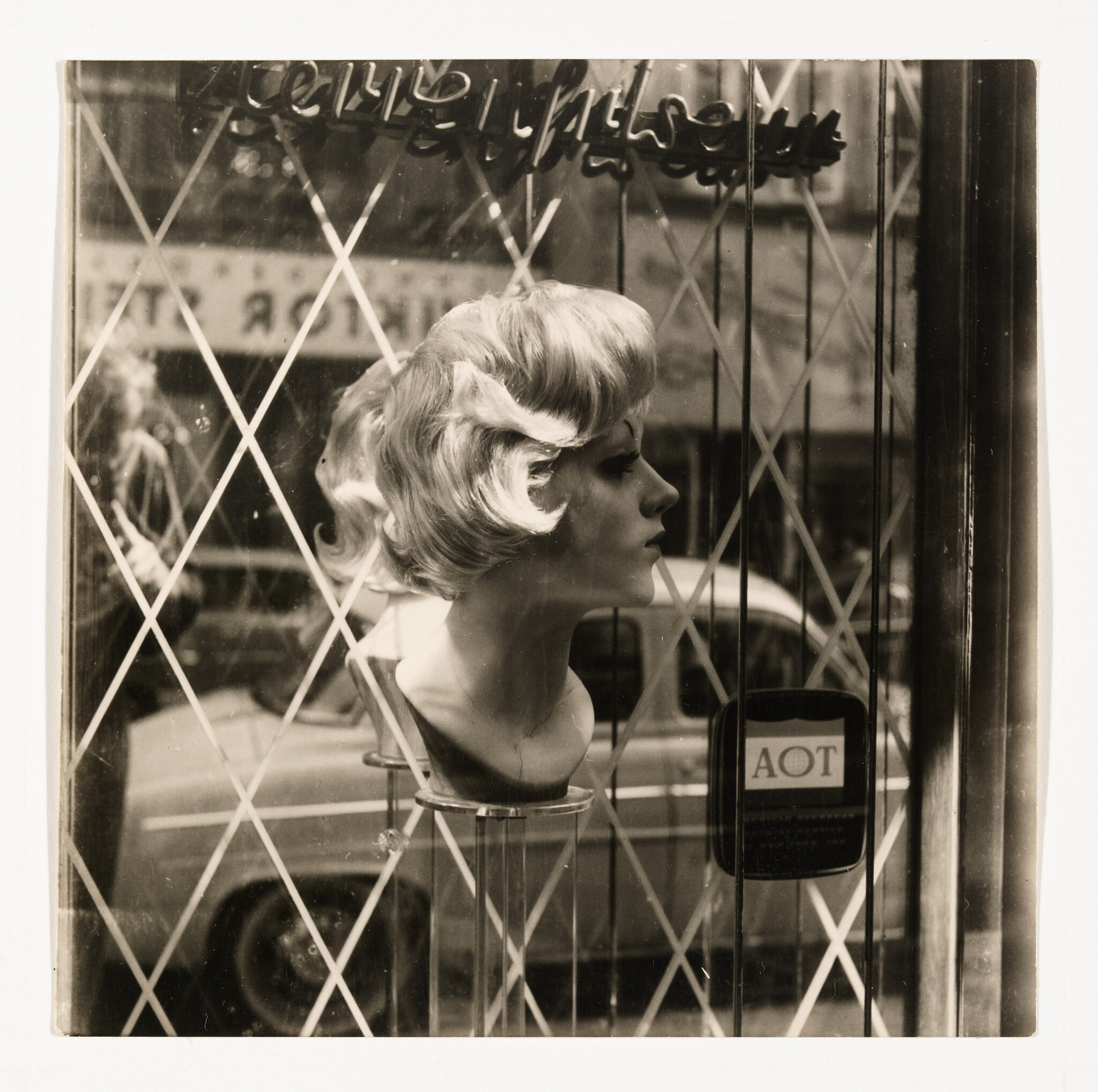 Mannequin head with a short curled wig displayed in a shop window behind diamond-pattern glass.