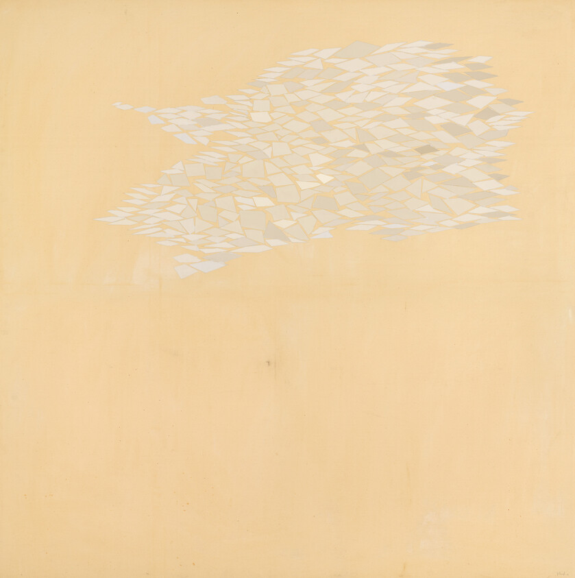 A cluster of white and beige geometric fragments forms a cloud-like shape against a pale peach background.