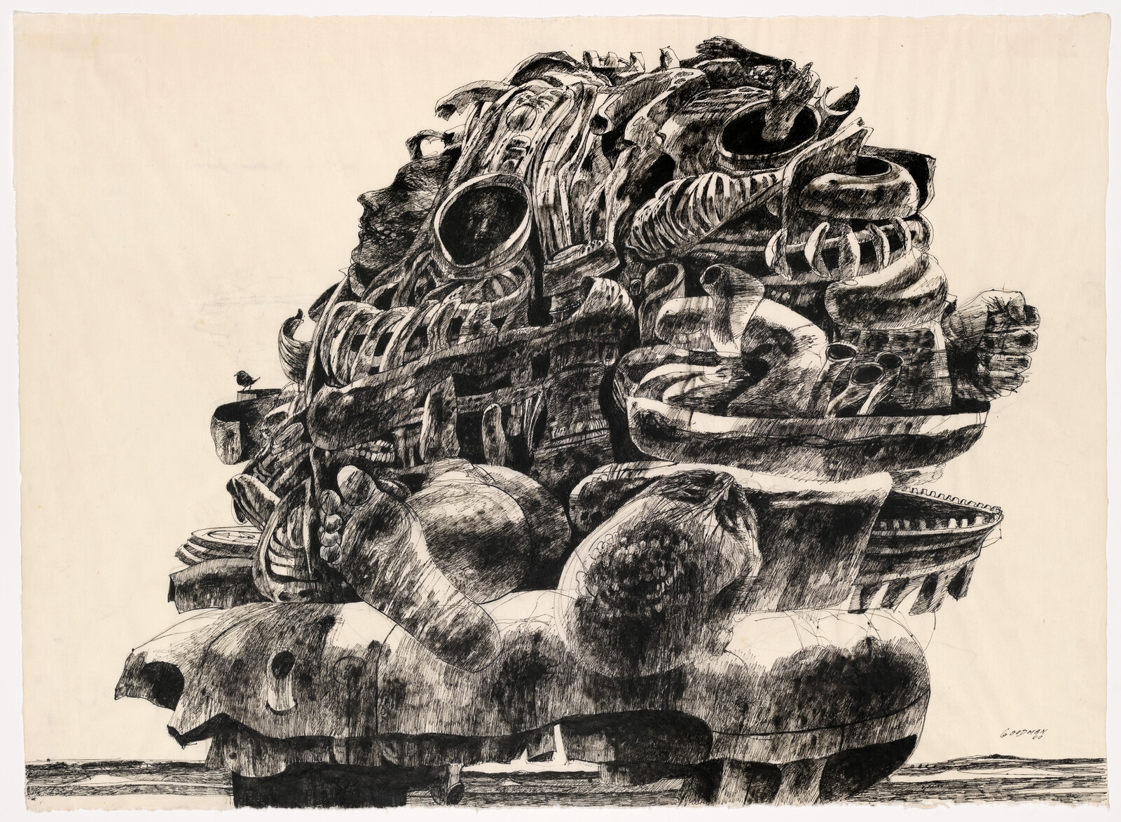 A large dense sculpture made of stacked organic and mechanical shapes resembling bones and vessels.