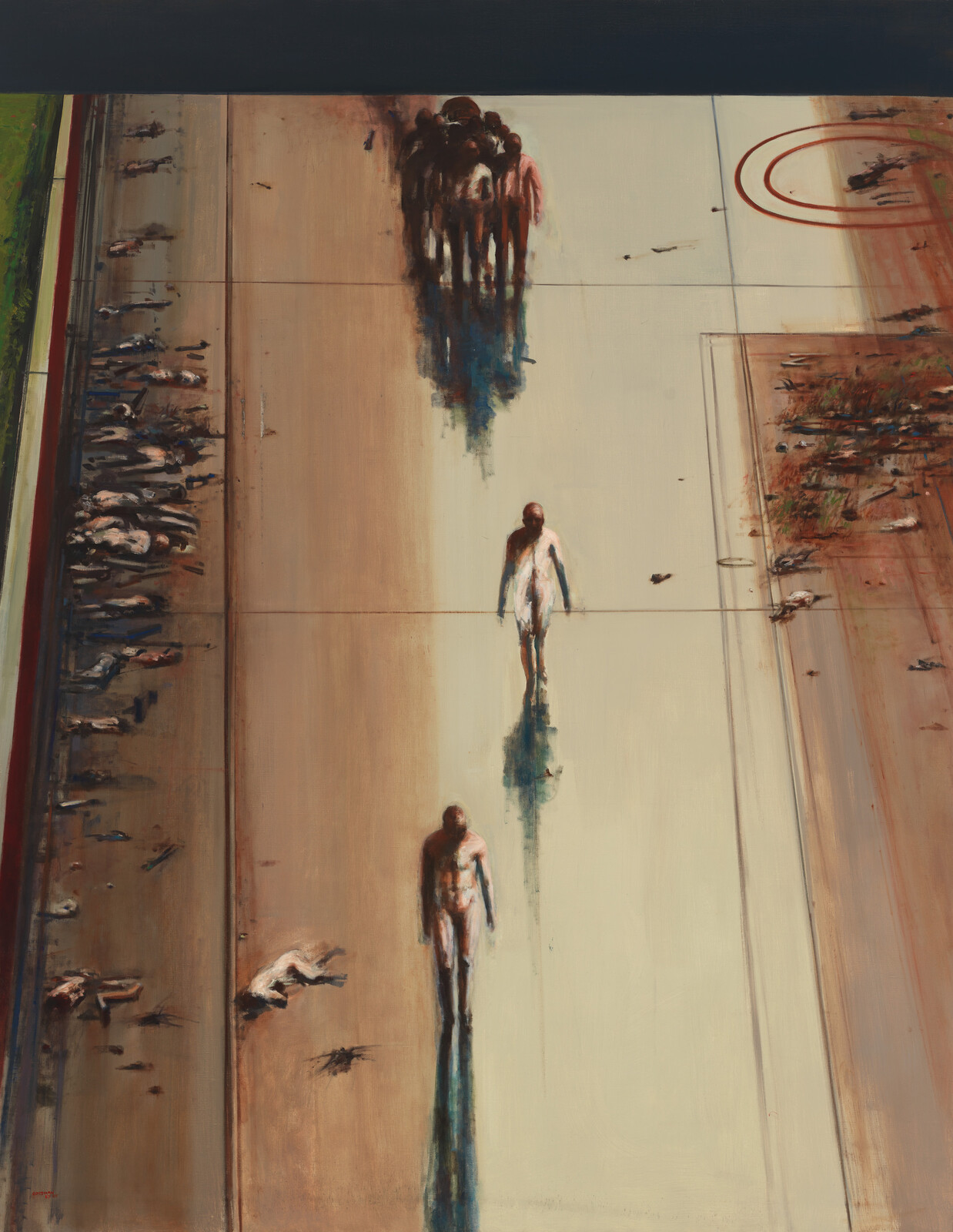 A painting depicting three figures walking on a textured surface with their shadows elongated behind them. The central figure is closest to the viewer, with another figure further back and a group of figures in the distance. The surface appears to be divided into panels, with abstract marks and splashes of color, suggesting an urban setting. The overall tone of the painting is warm with a focus on the play of light and shadow.