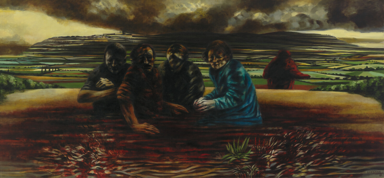 Four people lean over a wall looking toward stormy, layered fields under dark clouds.