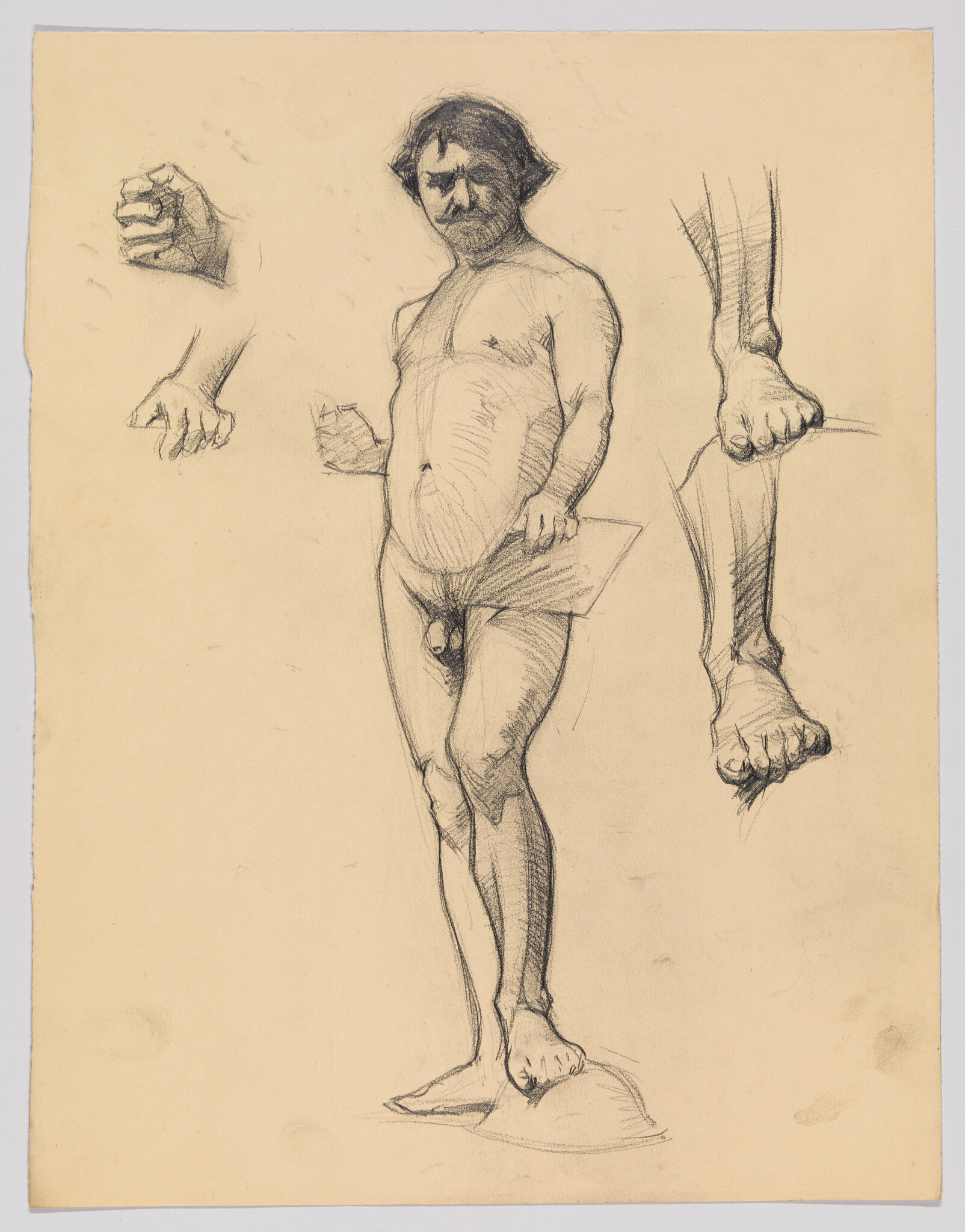 Nude male figure study standing with separate sketches of hands and feet around him.