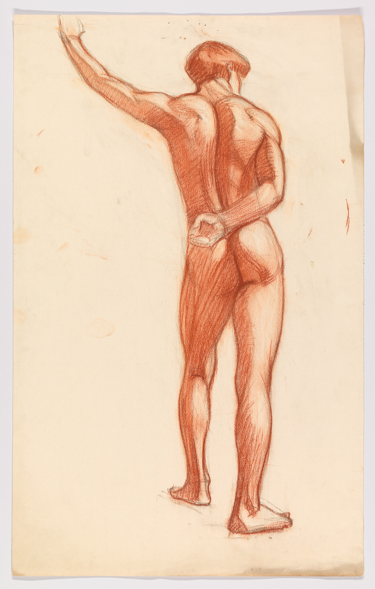 Nude male figure drawing seen from behind with left arm raised and hands clasped.