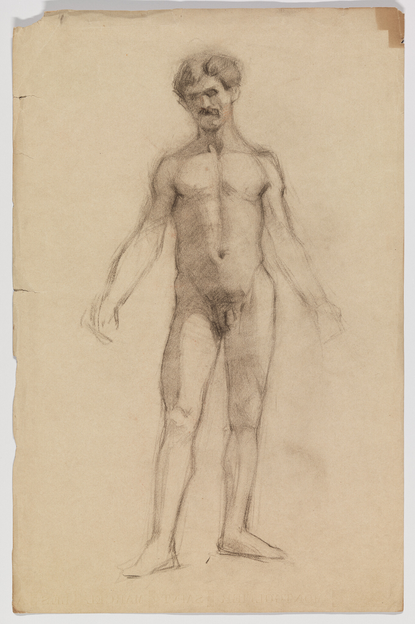 A charcoal sketch of a standing nude man with arms slightly out and relaxed.