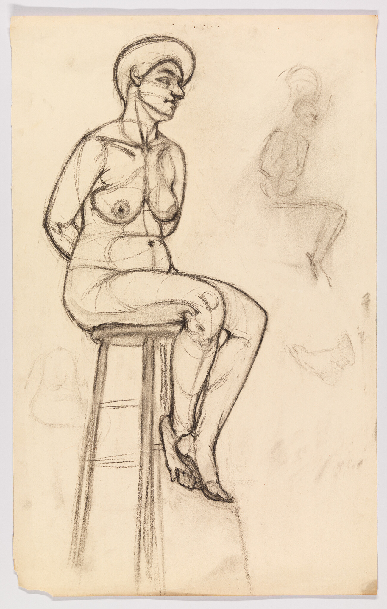 A sketch on aged paper depicting a seated figure with pronounced muscles and contours, perched on a tall stool. The figure is drawn with confident lines, showing detailed anatomy and a thoughtful pose with one hand resting on the knee and the other on the stool. In the background, faint outlines of additional figures suggest preliminary studies or variations.