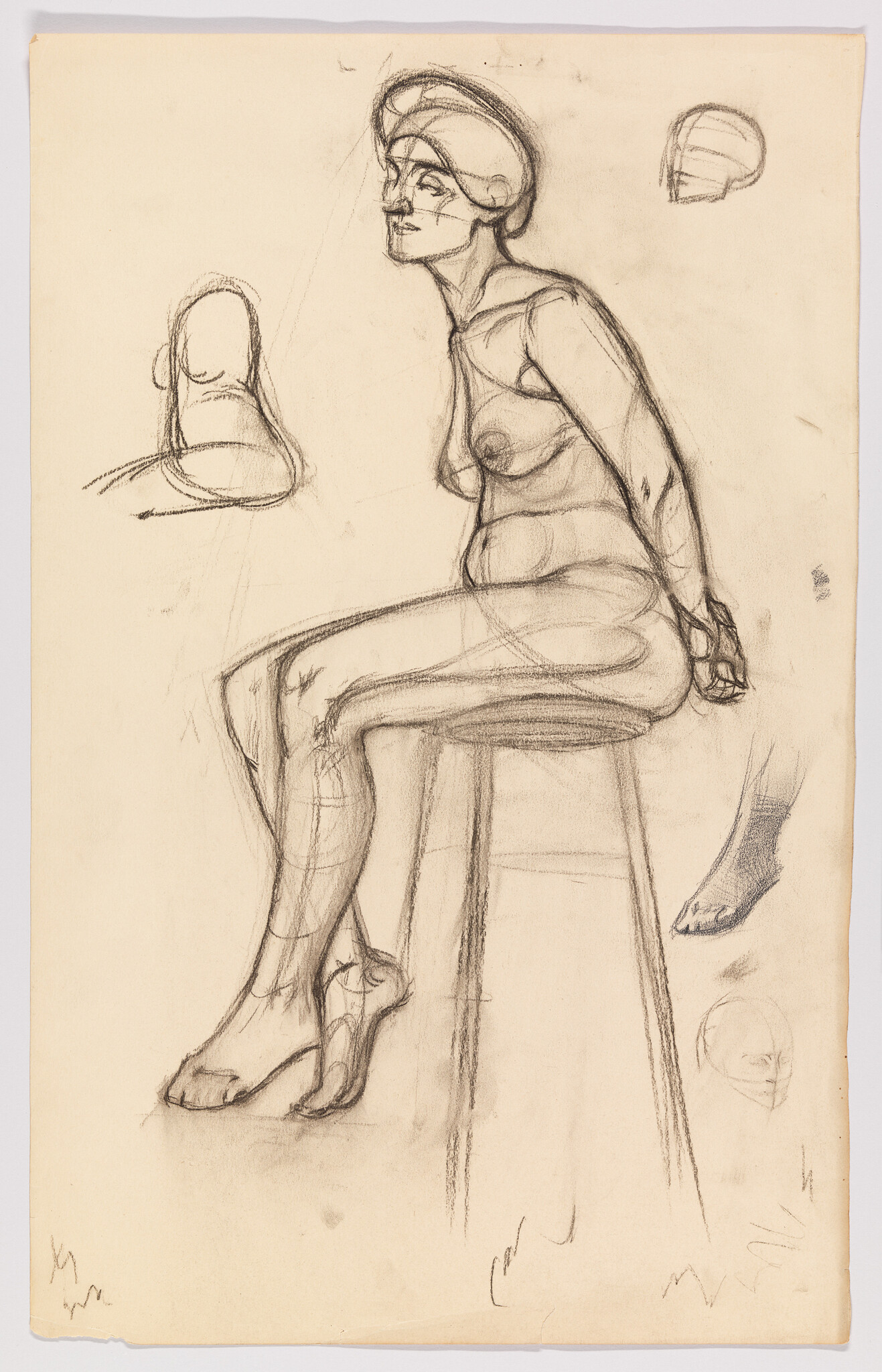 A sketch on aged paper depicting a seated female figure in a dynamic pose, with her left leg crossed over her right. She appears contemplative, with her head turned to the side, wearing a cap or headgear. The artist has included studies of a foot, a face, and a bell-shaped object to the right of the main figure. The drawing exhibits strong line work and shading, highlighting the anatomy and form of the subject.