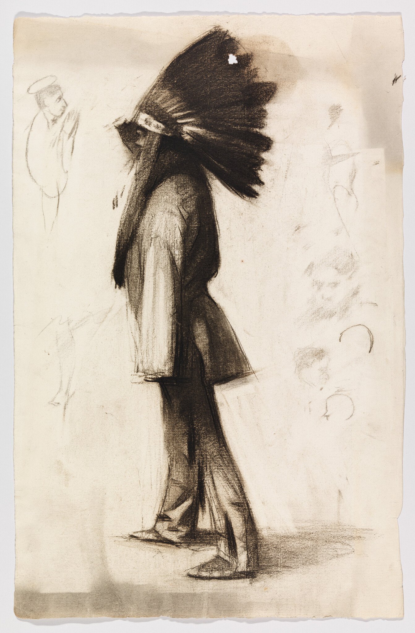 A sketch on aged paper depicting a profile view of a figure wearing a large feathered headdress, possibly representing a Native American. The figure is drawn with bold, dark strokes, contrasting with lighter sketches of human figures and abstract shapes in the background. The paper shows signs of wear and tear around the edges.