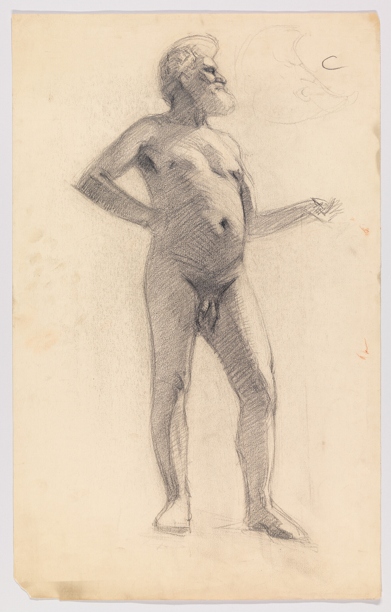 Bearded standing nude man poses with one hand on his hip and the other arm extended.