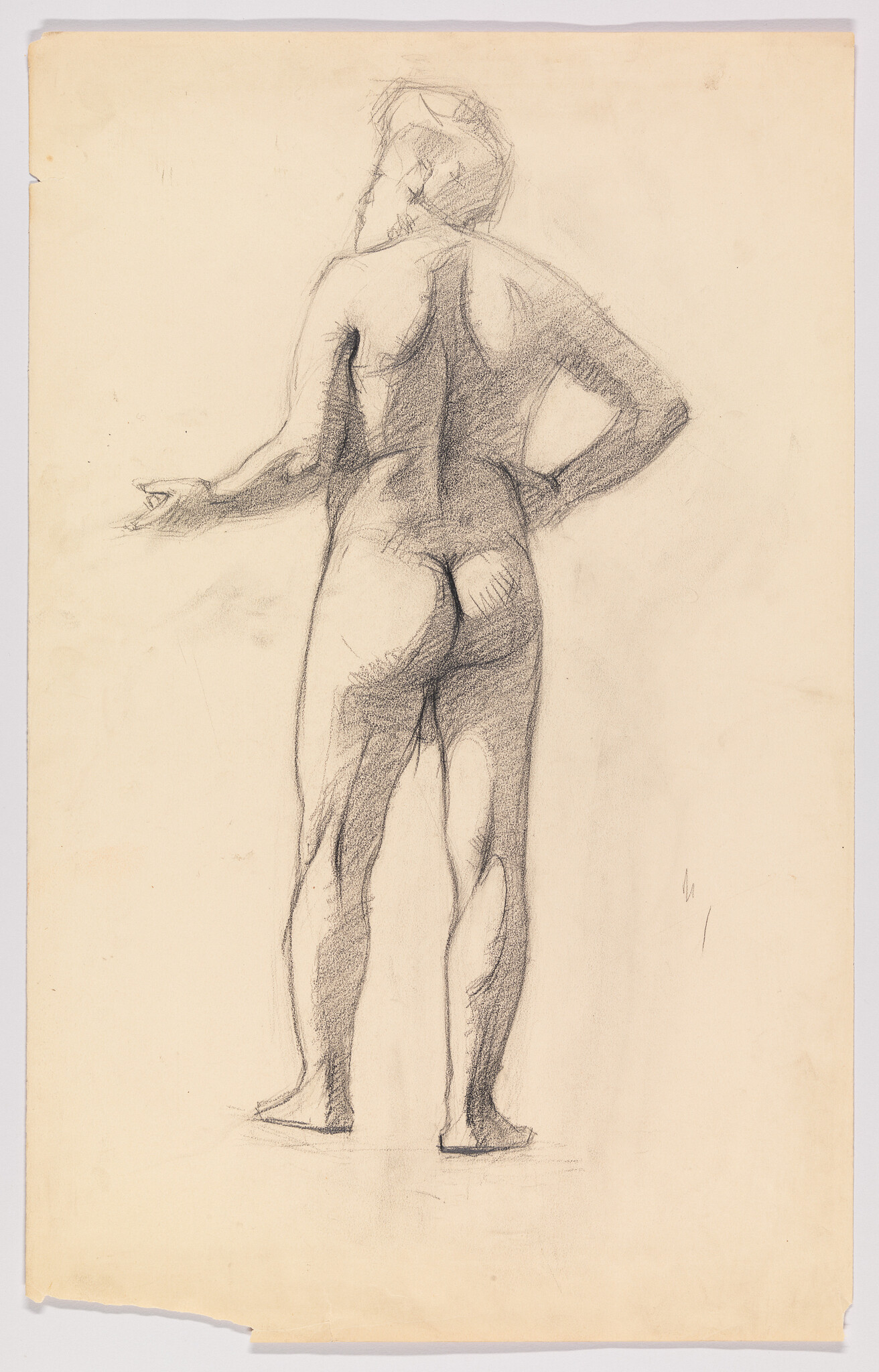A charcoal sketch of a standing nude man seen from behind, one hand on hip.